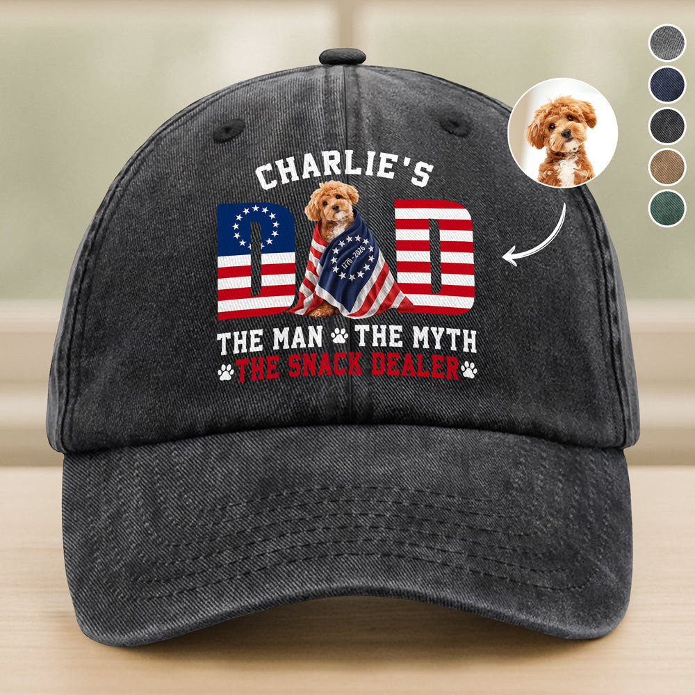 Custom Photo Dog - Dog's Dad The Man The Myth The Dealer American Flag Washed Denim Baseball Cap America 250 Merchandise Patriotic Gifts For Men