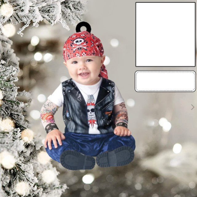 Custom Photo Funny Baby's Face Biker Gangster Christmas Ornament for New baby First Christmas