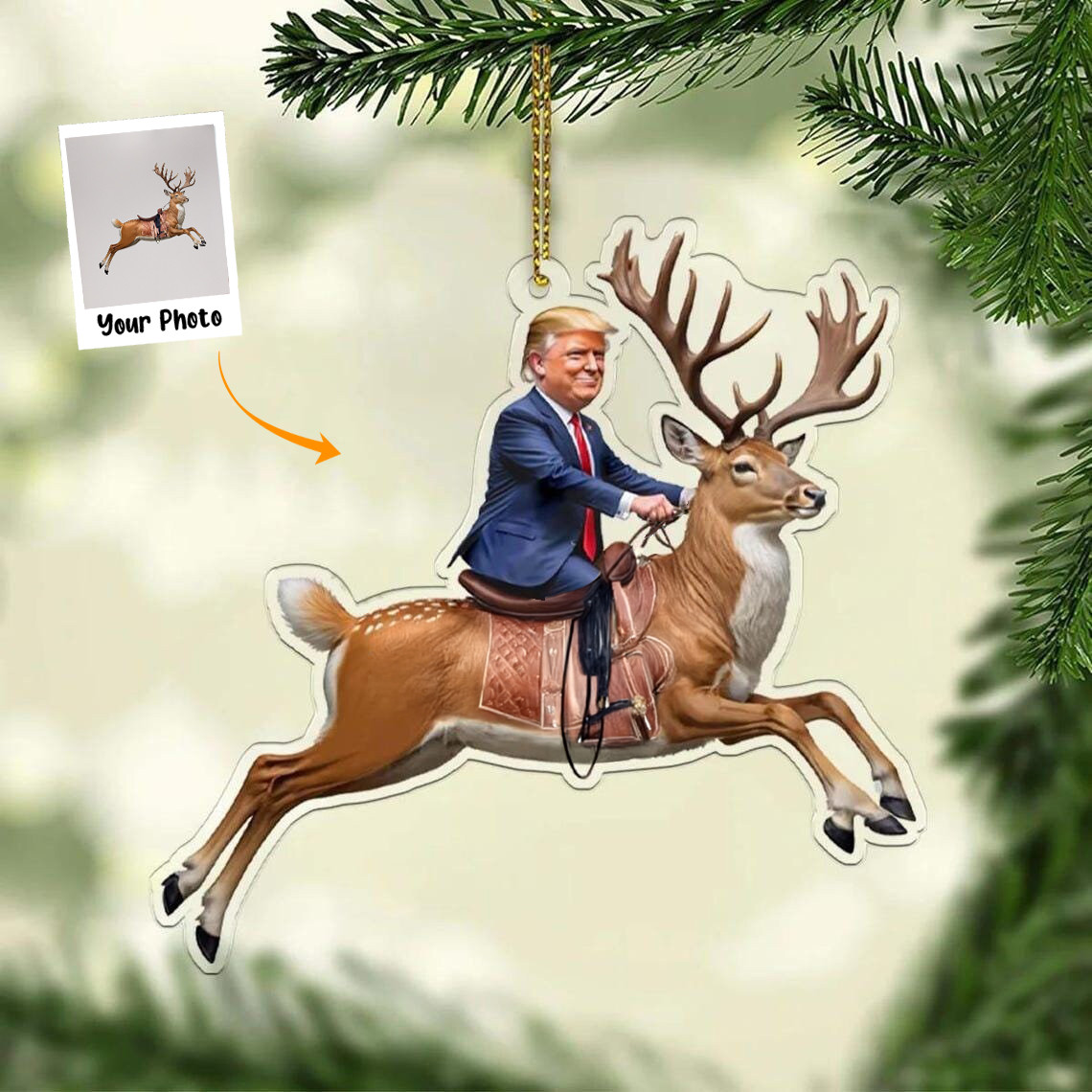 Custom Photo Funny Trump Riding Reindeer Ornament Shape Trump Christmas Ornament MAGA Merch