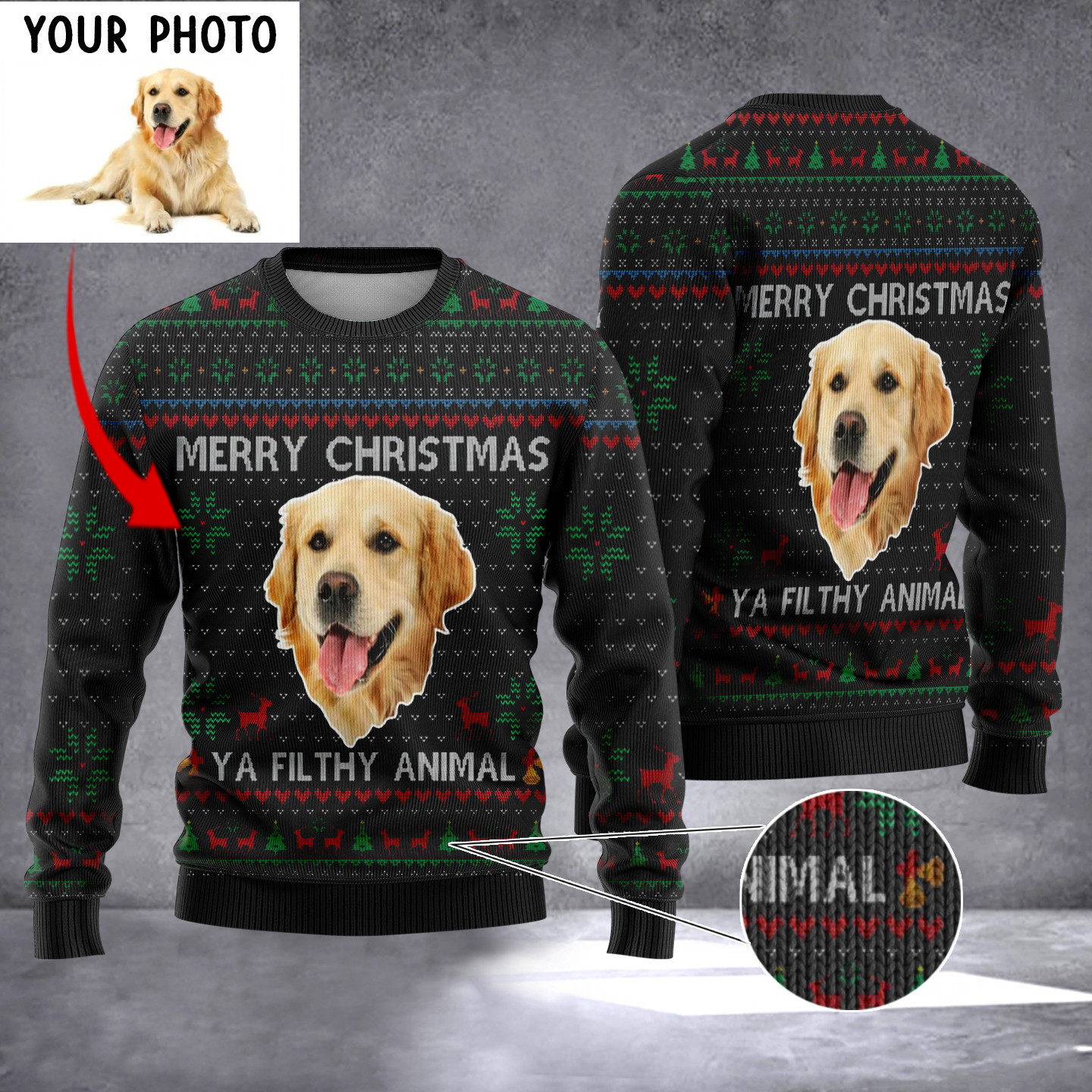 Custom Photo Golden Retriever Merry Christmas Ya Filthy Animal Ugly Xmas Sweater Dog Sweater