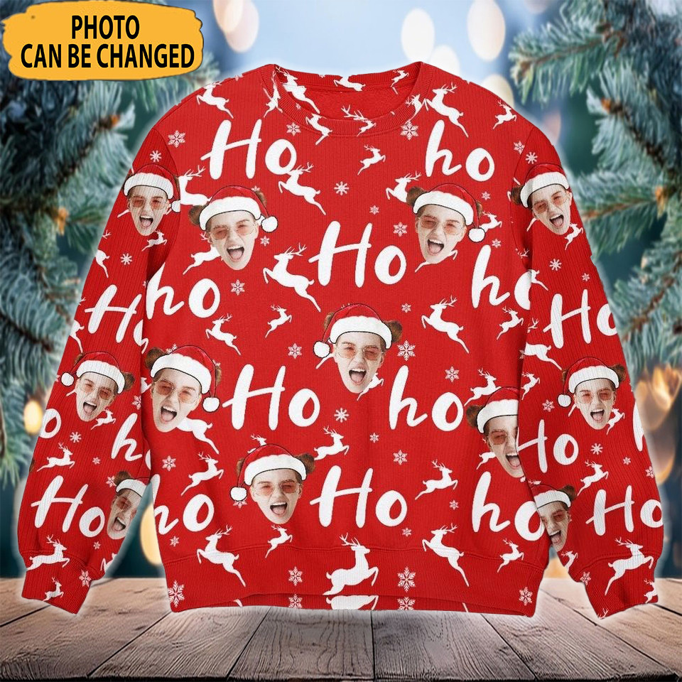 Custom Photo Ho Ho Ho Christmas Ugly Sweater Personalized Picture Sweater Gifts For Holiday