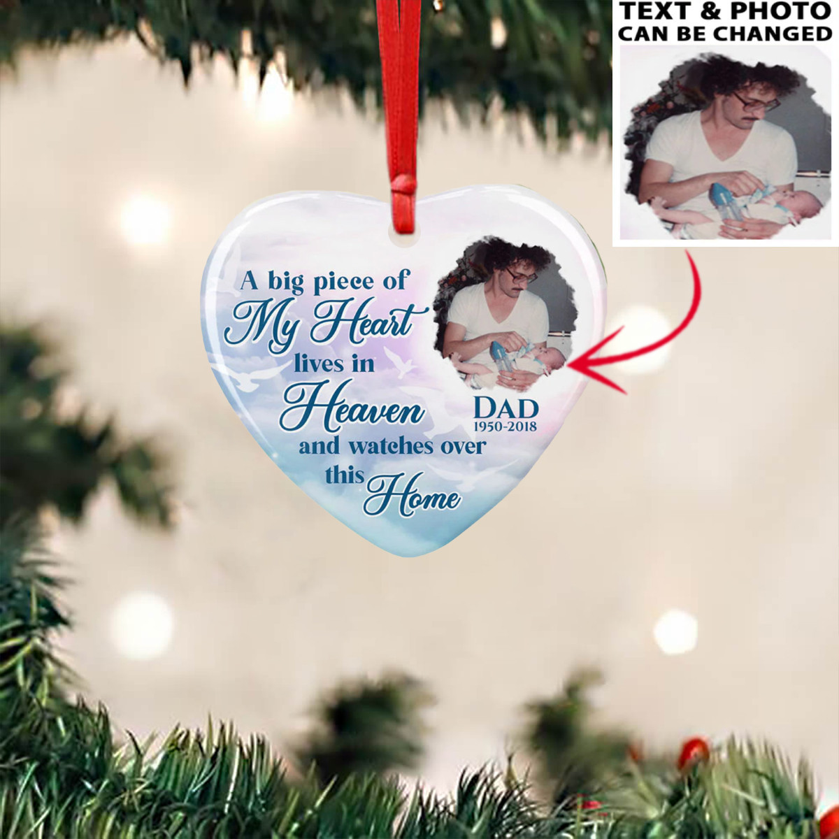 Custom Photo Memorial Christmas Ornaments For Dad Big Piece Of My Heart Lives In Heaven