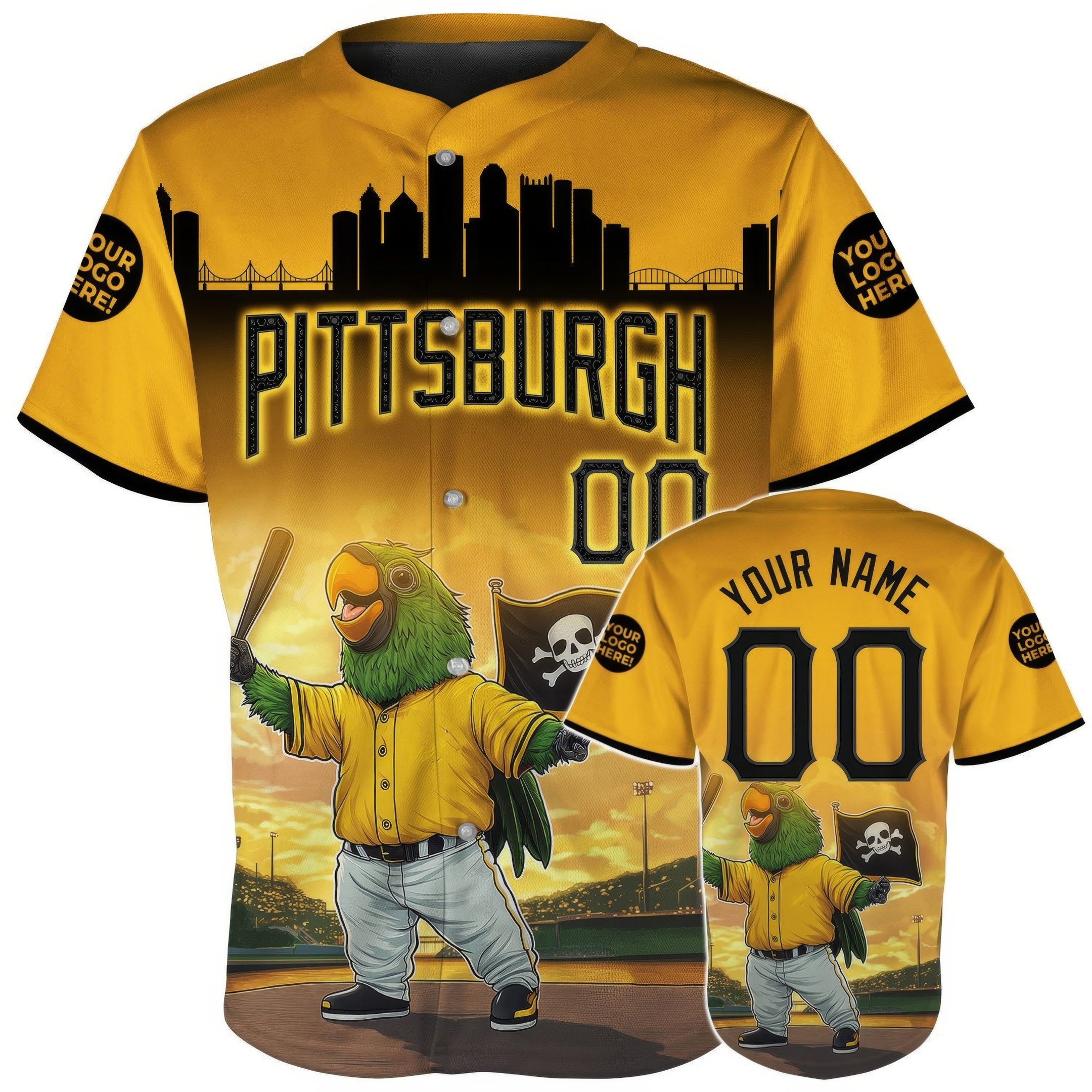 Custom Pittsburgh Cartoon Mascot Player City Skyline Baseball Jersey Best Gifts For Baseball Fans
