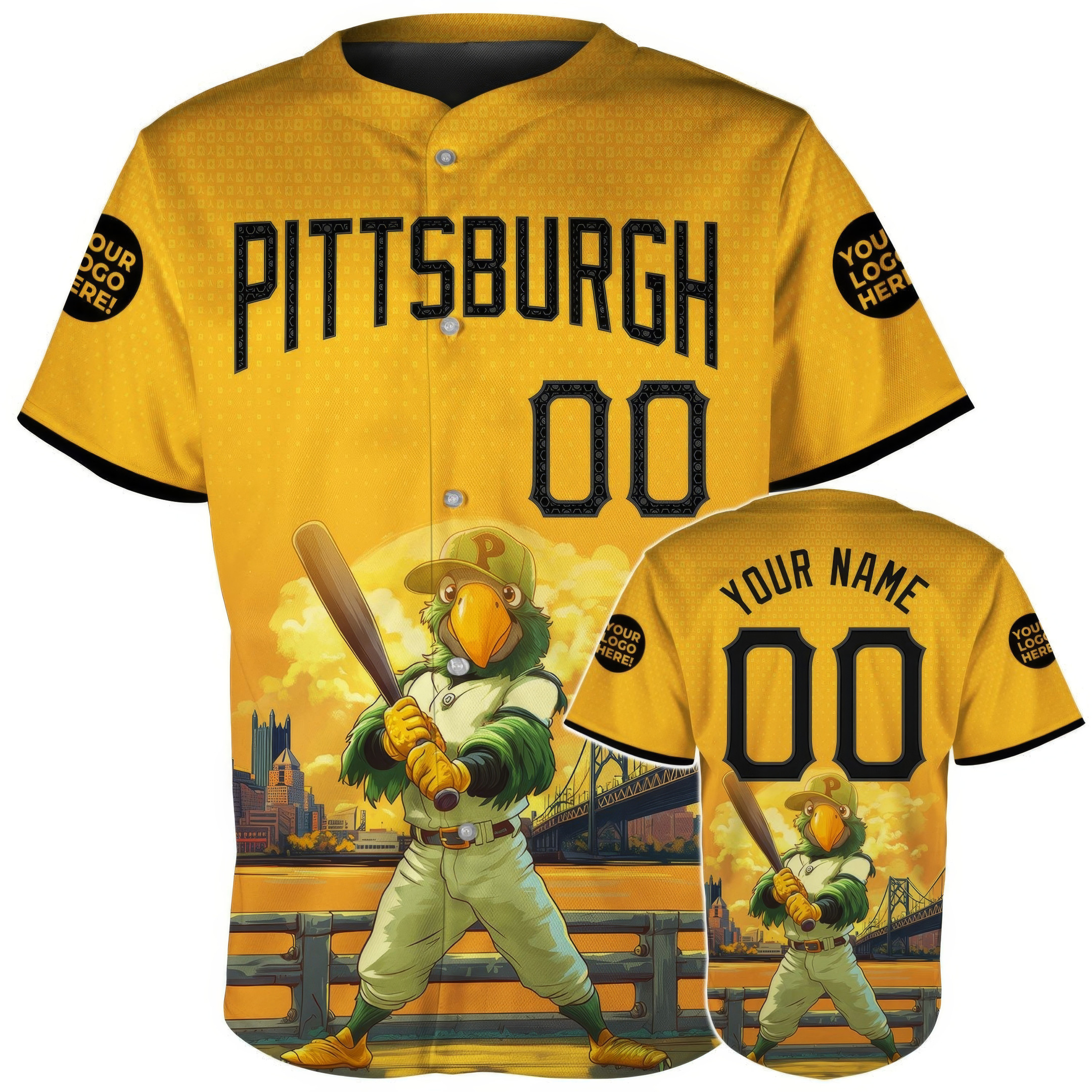 Custom Pittsburgh Cartoon Mascot Player City Skyline Baseball Jersey Best Gifts For Fans