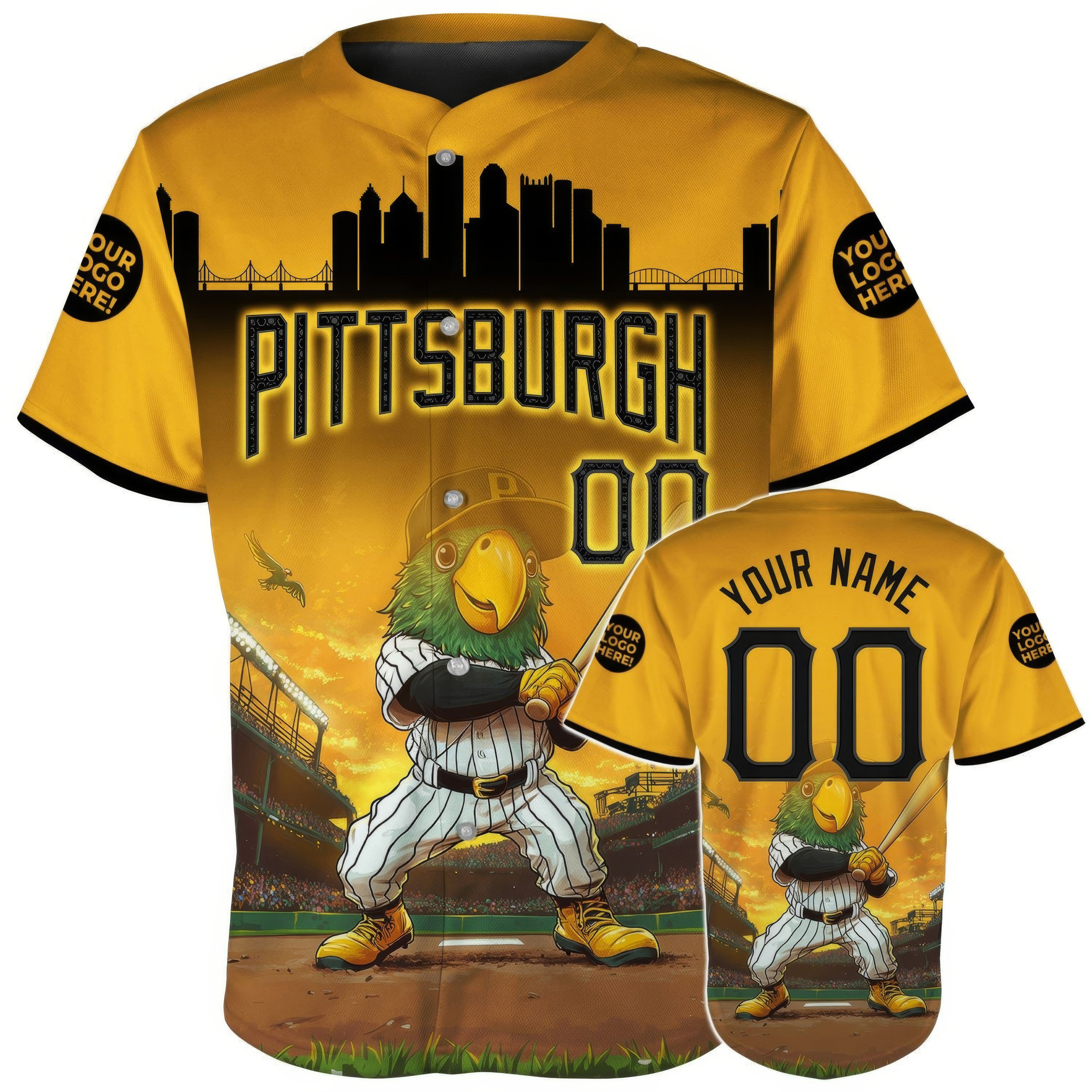 Custom Pittsburgh Cartoon Mascot Player City Skyline Baseball Jersey Gift For Dudes
