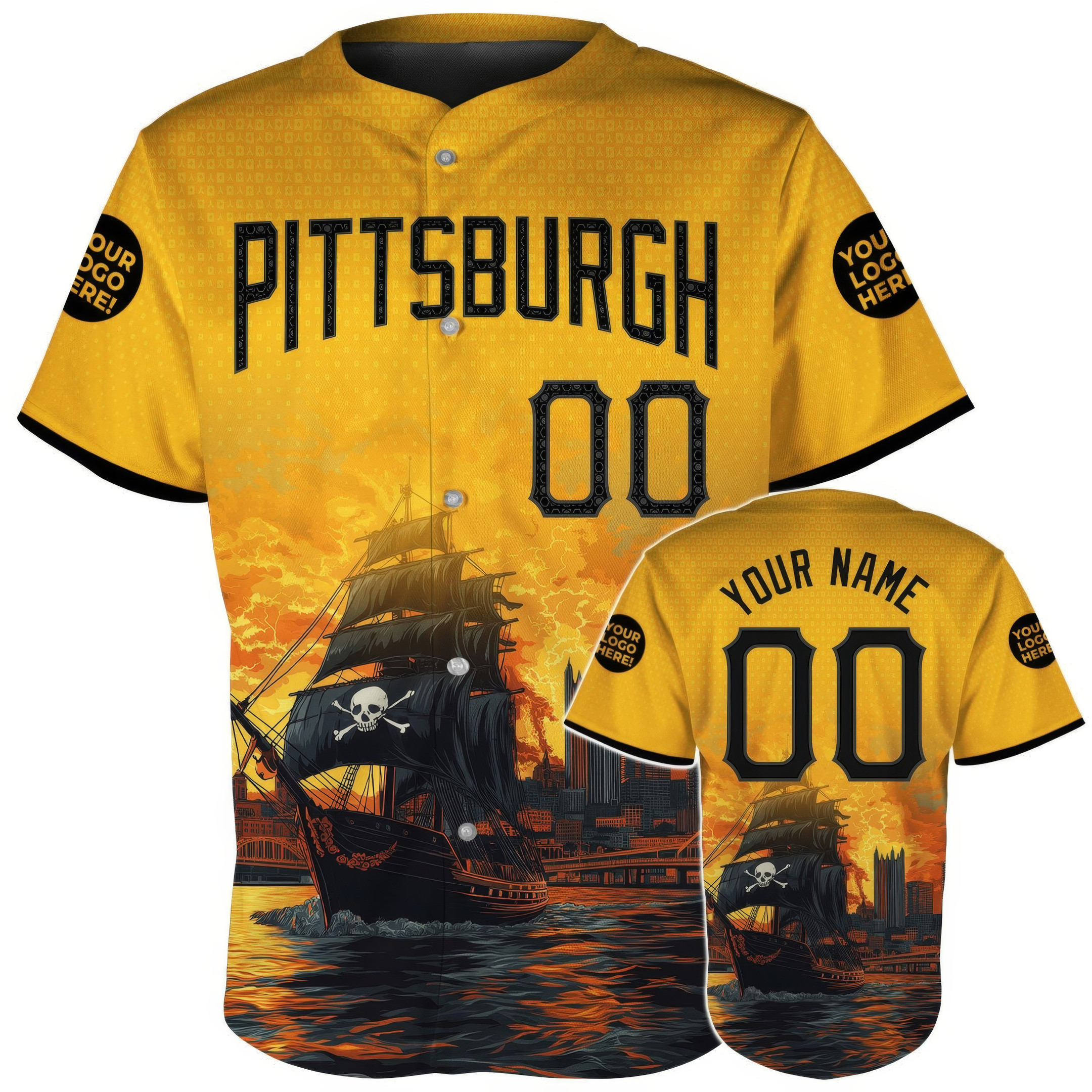 Custom Pittsburgh Pirate Ship Three Rivers Skyline Baseball Jersey Gifts For Baseball Lovers