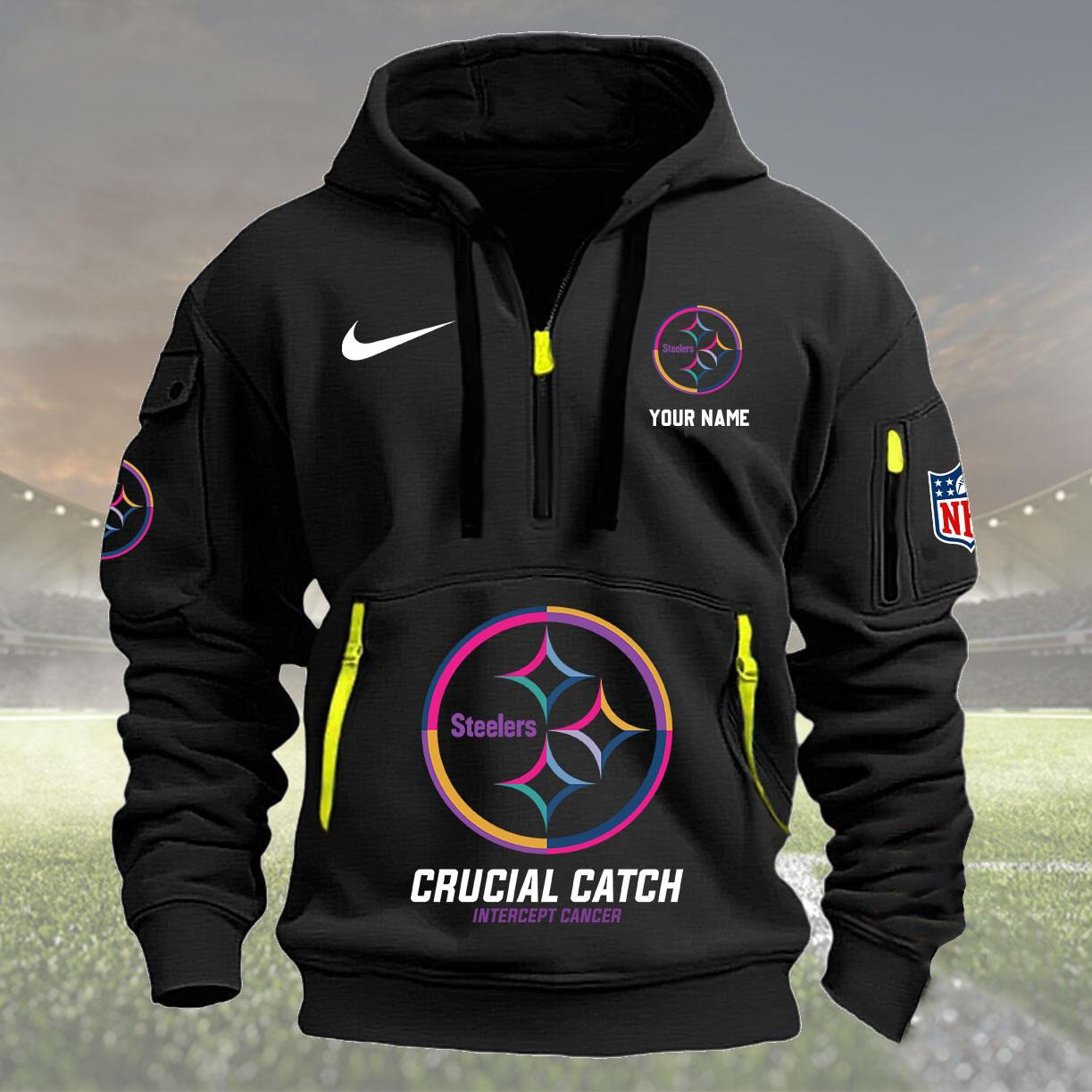Custom Pittsburgh Steelers 2024 Quarter Zip Hoodie NFL Crucial Catch Intercept Cancer