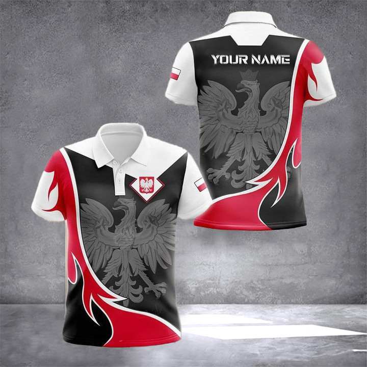 Custom Poland Coat Of Arms Fire Pattern Polo Shirt Poland Clothing Presents For Polish Friends