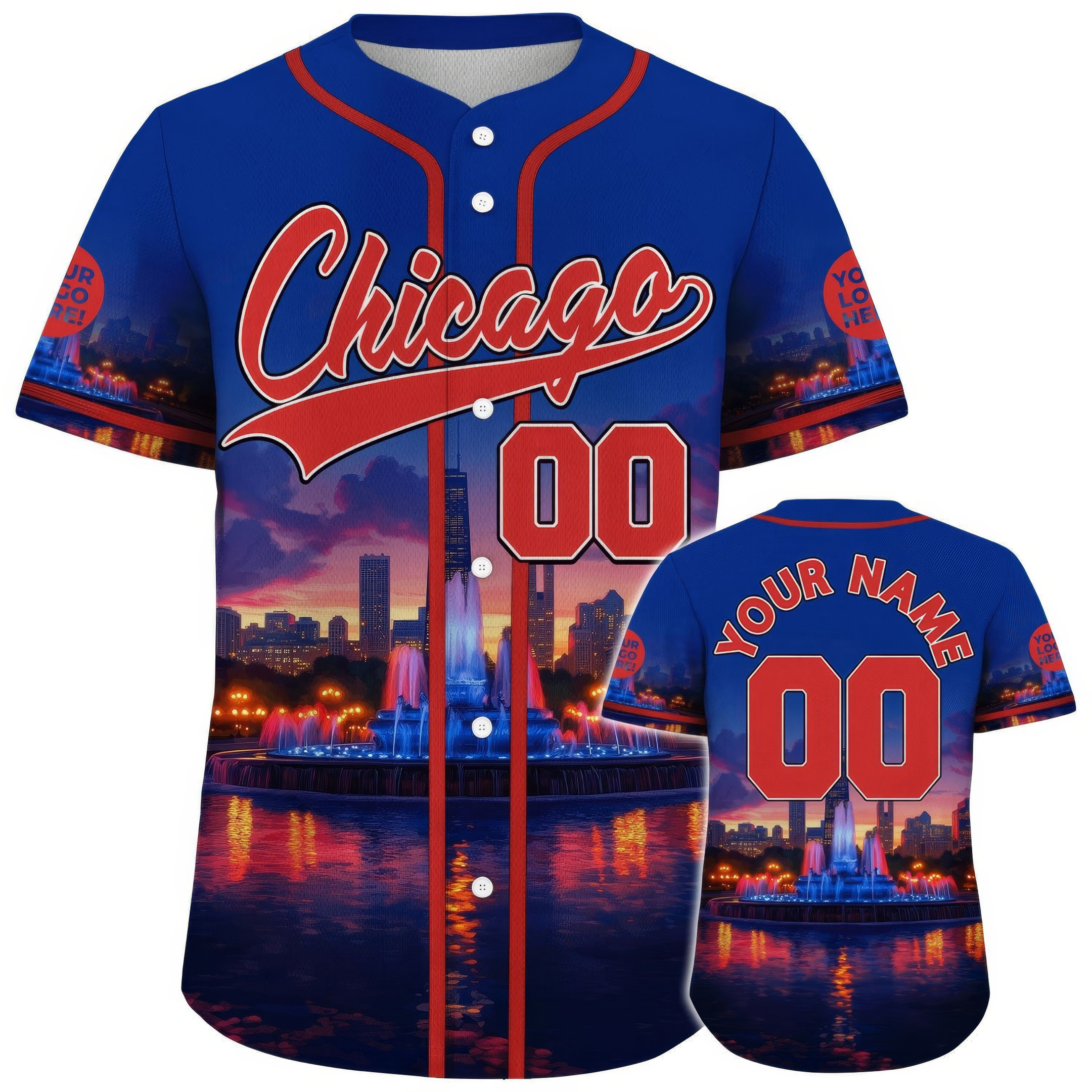 Custom Red Blue Chicago Illinois Buckingham Fountain City Night Baseball Jersey Fans Gifts