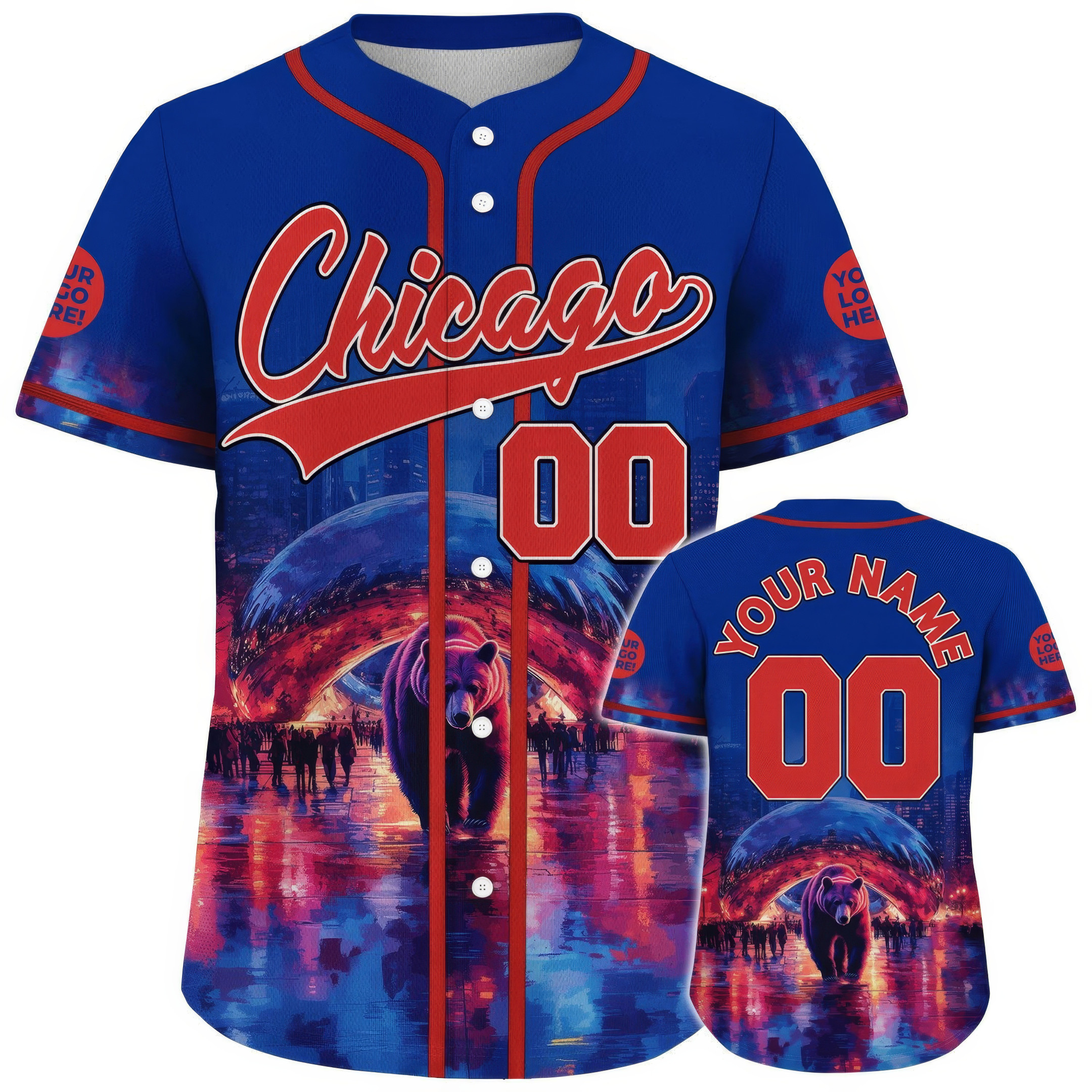 Custom Red Blue Chicago Illinois Huge Bear The Bean Cloud Gate City Night Baseball Jersey