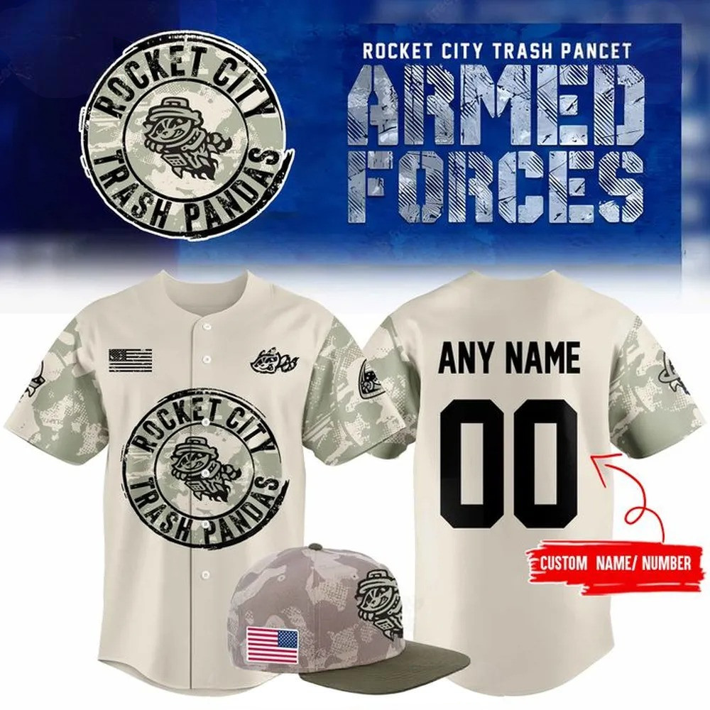 Custom Rocket City Trash Pandas 2025 Armed Forces Baseball Jersey Baseball Player Gift Ideas