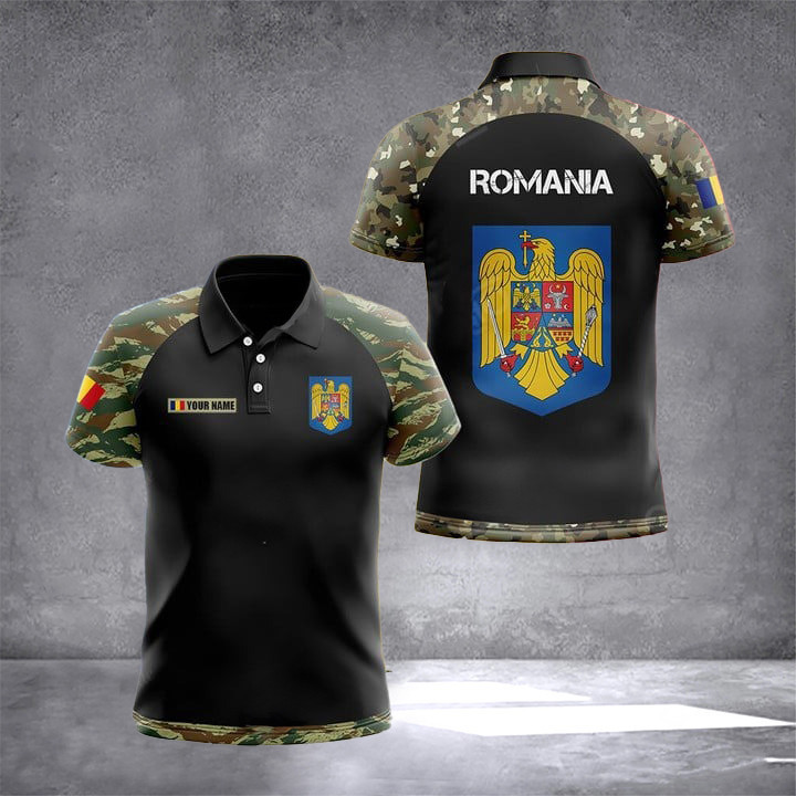 Custom Romania Coat Of Arms Camo Polo Shirt Romania Clothing Gifts For Romanian Friend