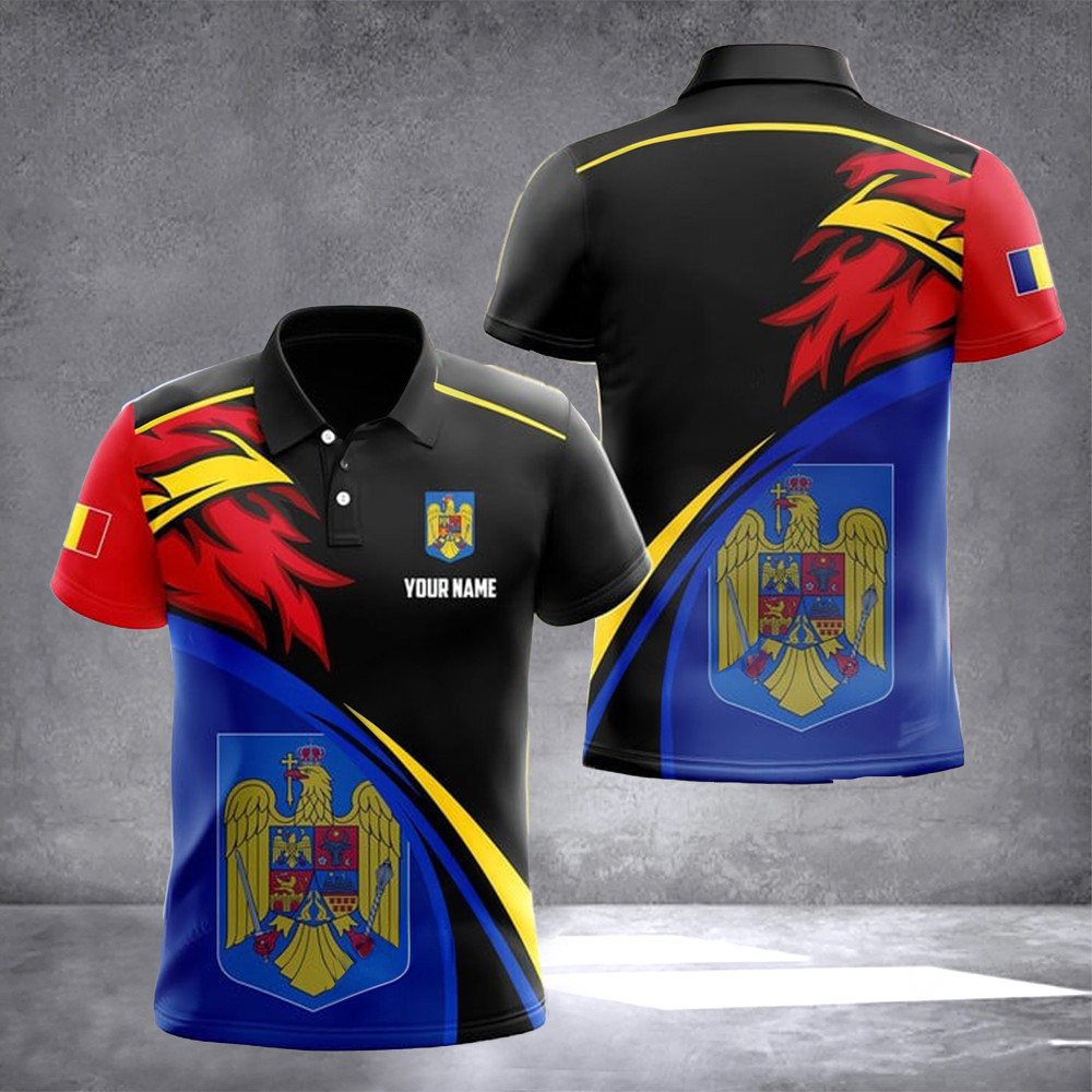 Custom Romania Coat Of Arms Fire Polo Shirt Romania Outfit Gifts For Romanian Friend