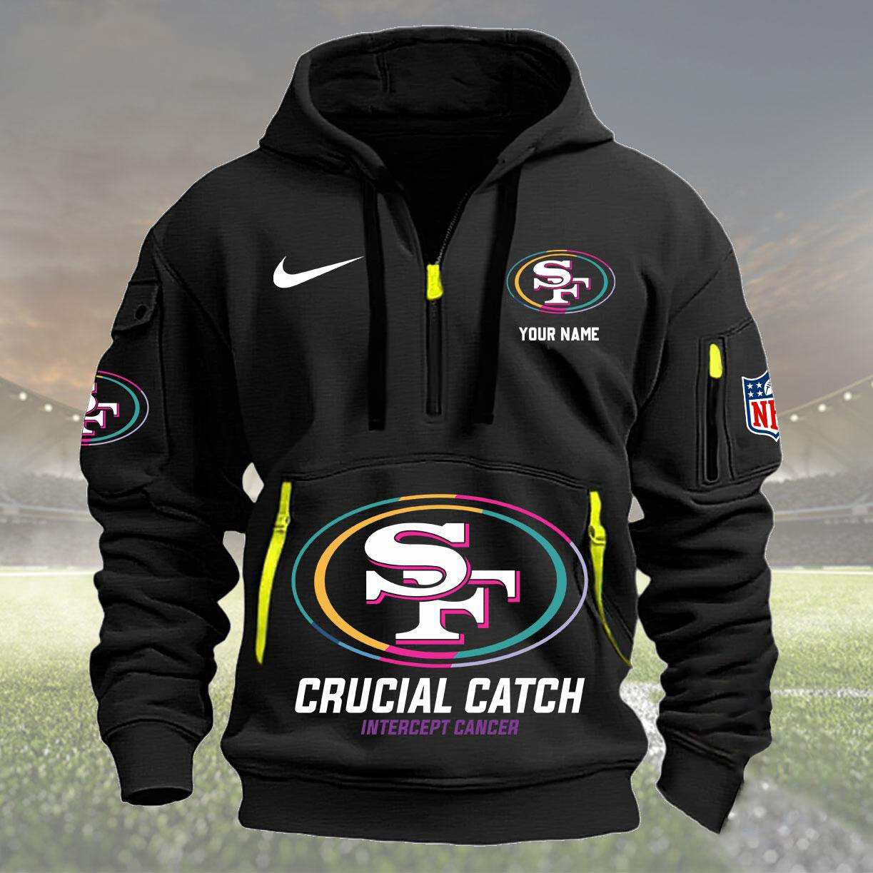Custom San Francisco 49ers Quarter Half Zip Hoodie NFL Crucial Catch Intercept Cancer
