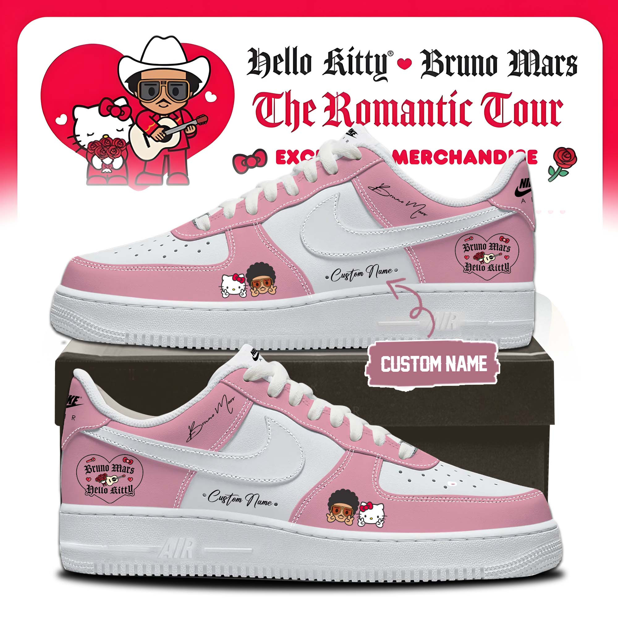Custom Sanrio Bruno Mars Air Force 1 Sneakers The Romantic World Tour Merchandise Gift For Girlfriend