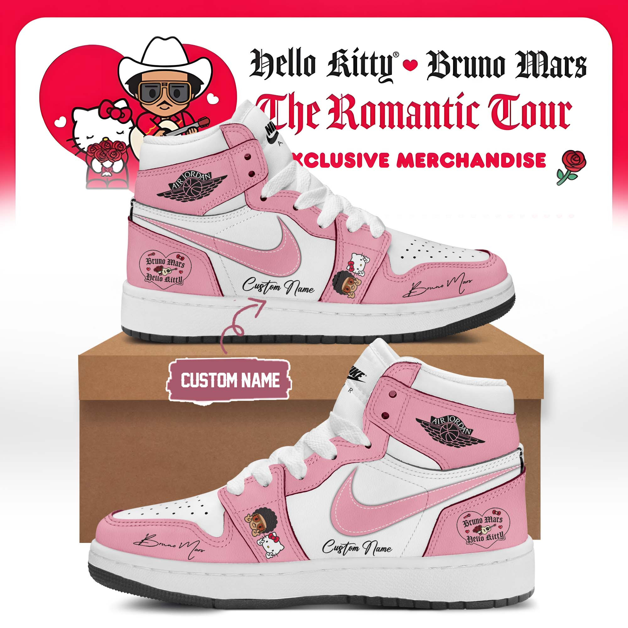 Custom Sanrio Bruno Mars Collaboration Shoes Bruno Mars X Hello Kitty Merch Gift For Dance Lovers