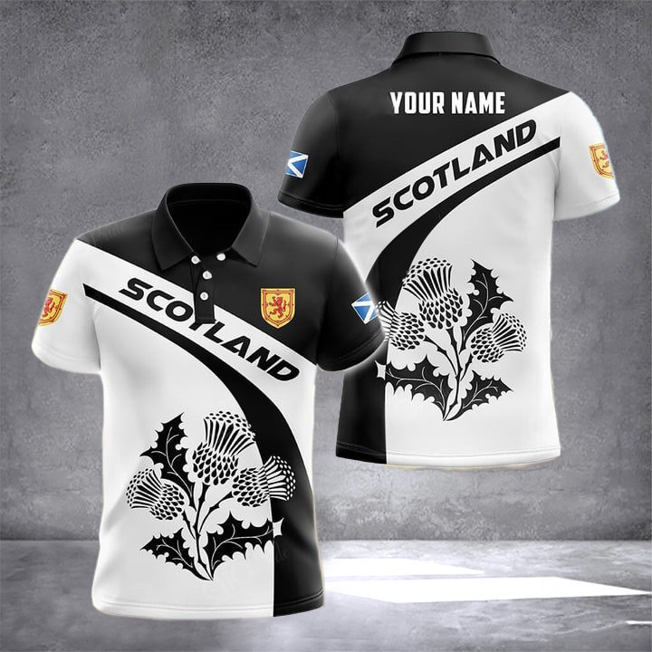 Custom Scotland Thistle Black And White Polo Shirt Scotland Outfit Gifts For Scottish
