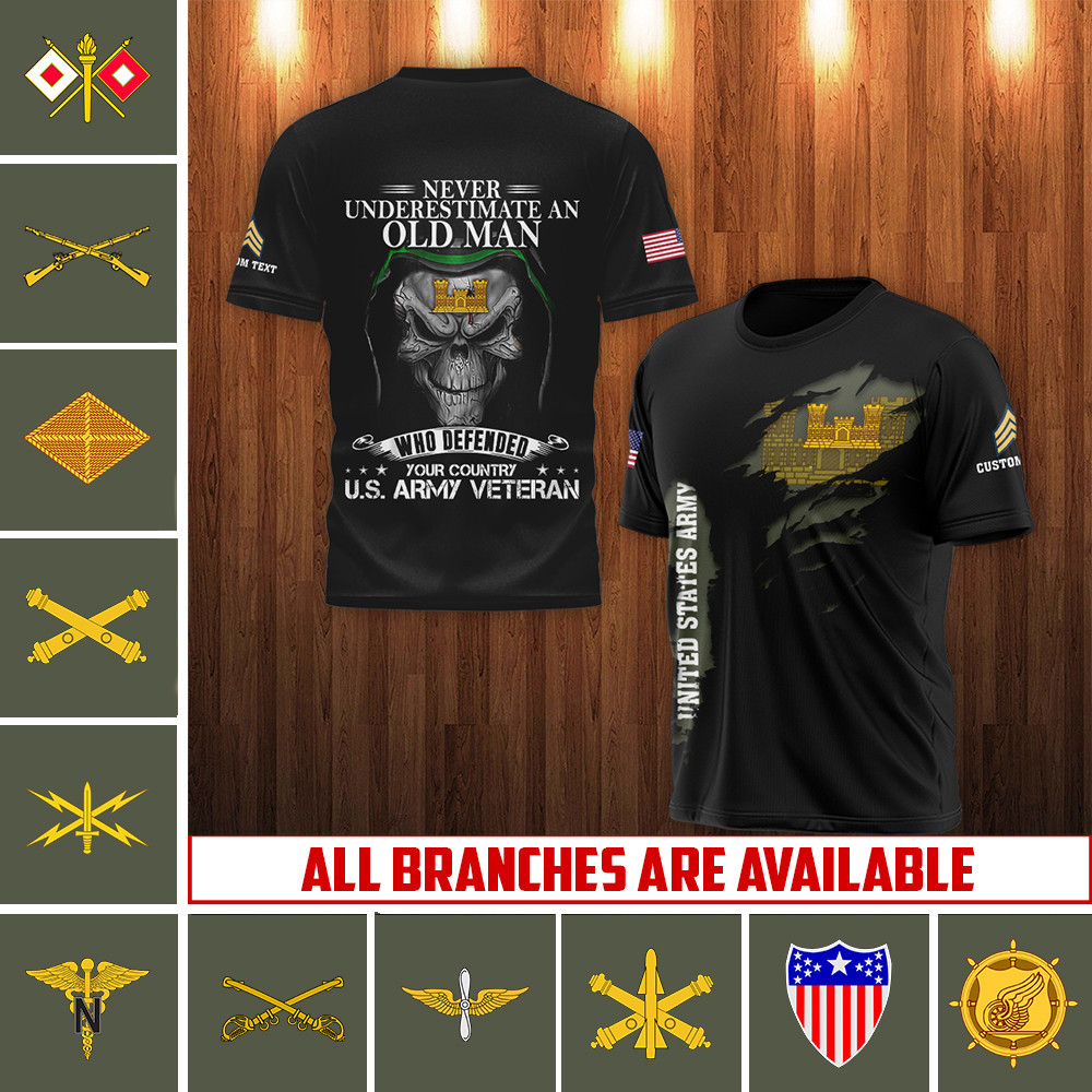 Custom Skull US Army Combat Engineer Veteran Shirt Never Underestimate An Old Man T-Shirt