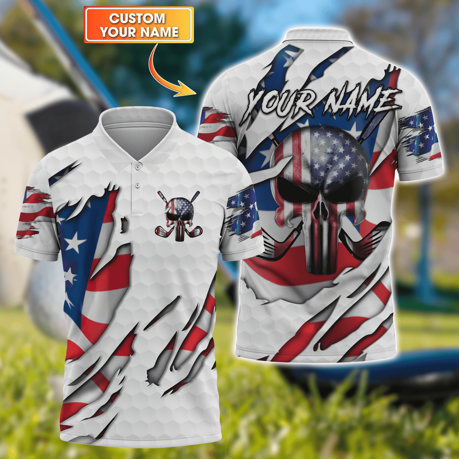 Custom Skull US Flag Patriotic Golf Polo Shirt Golf Wear For Men Gift For Golfers