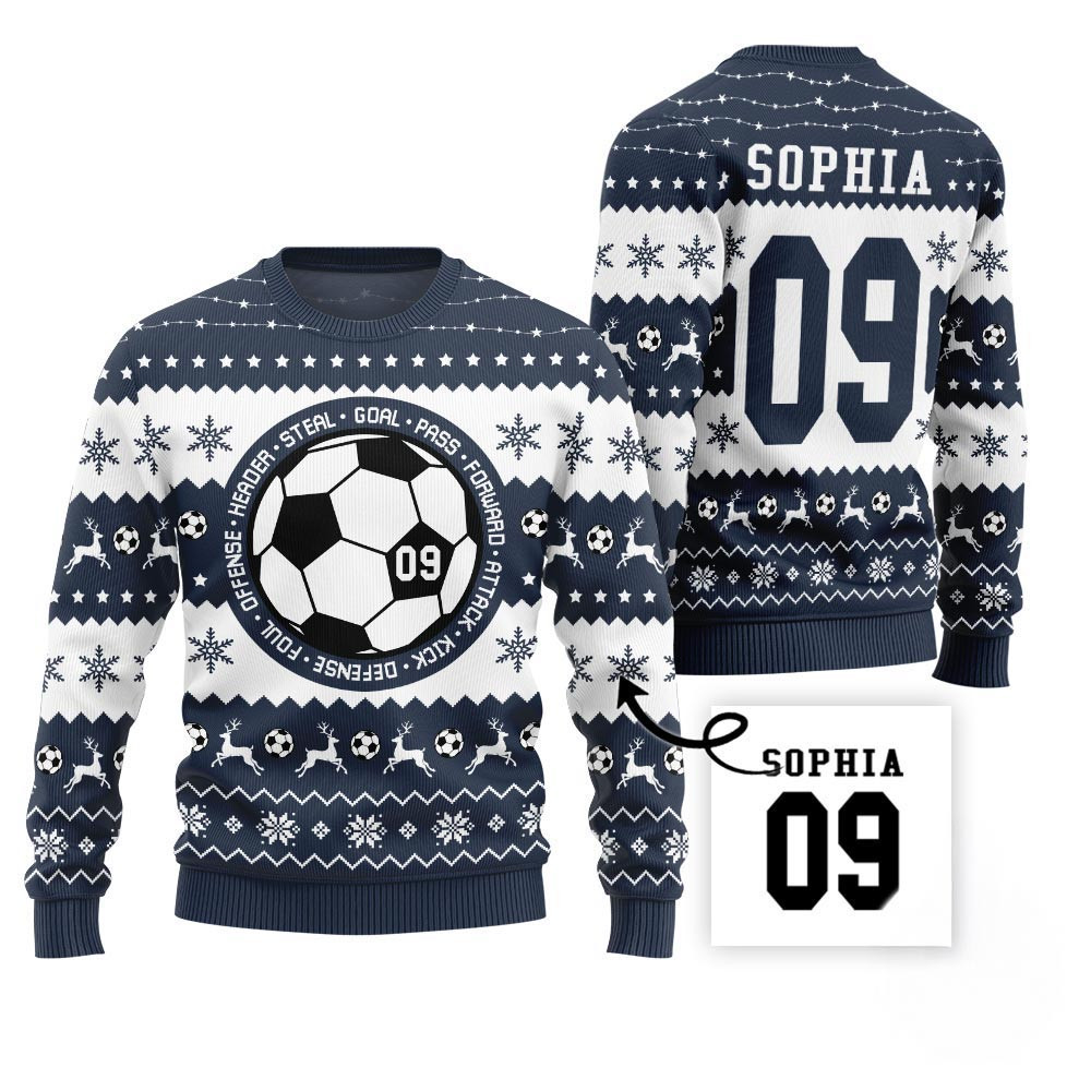 Custom Soccer Ugly Sweater With Your Name And Number Christmas Sweater Gift