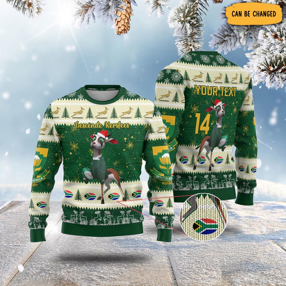 Custom South Africa Rugby Christmas Ugly Christmas Sweater Geseende Kersfees Springboks African Pattern