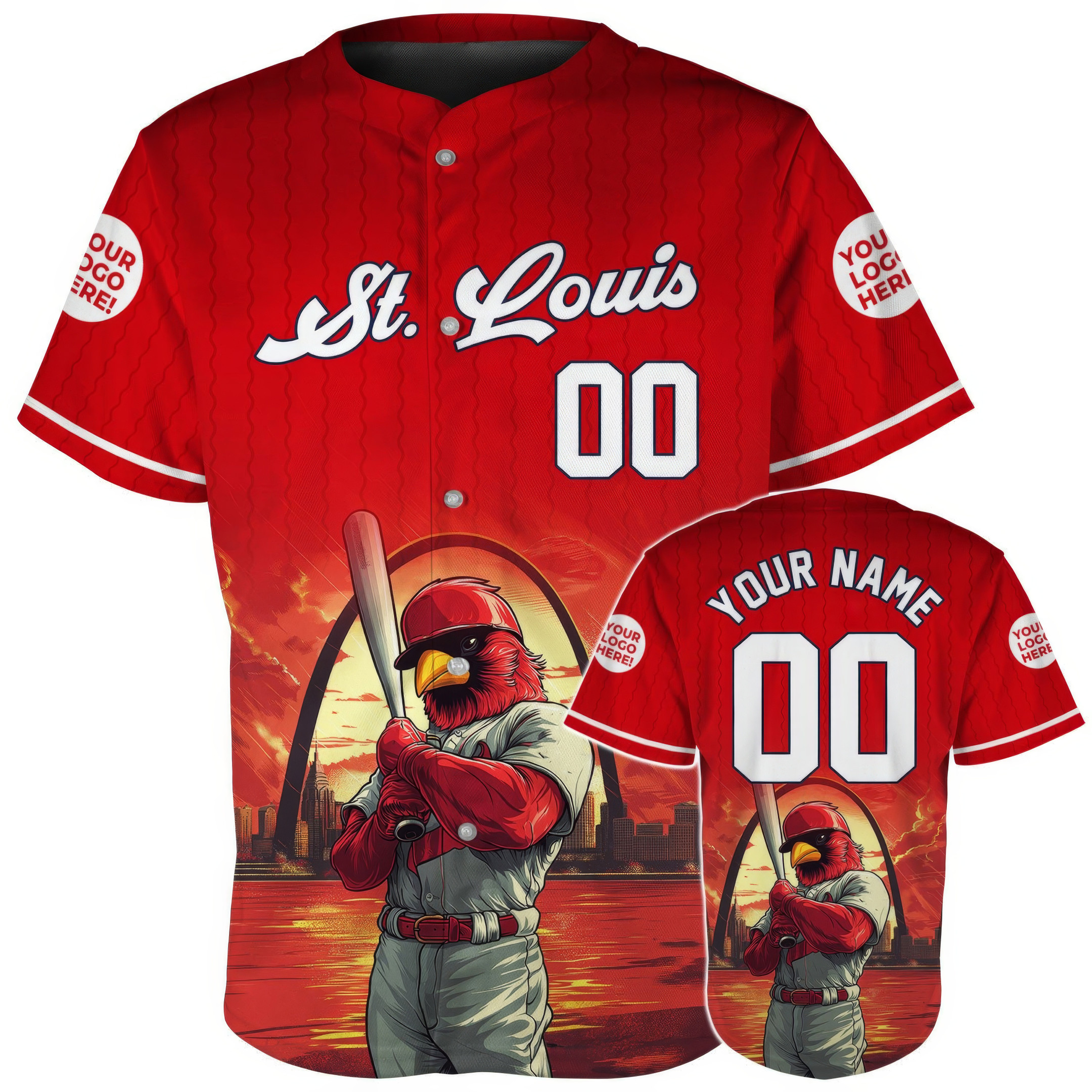 Custom St. Louis Mascot Cardinal Player City Skyline Baseball Jersey Baseball Player Gift Ideas