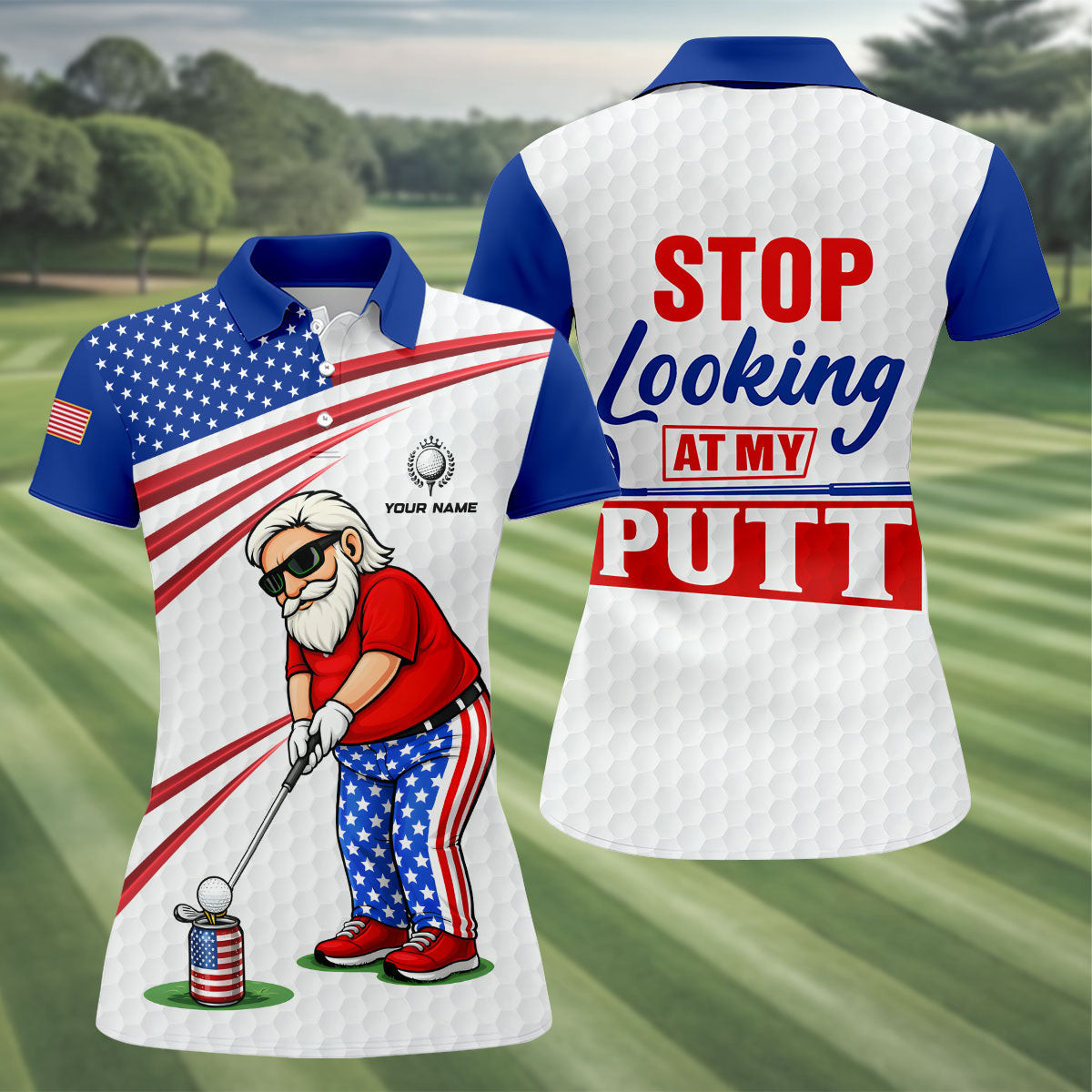 Custom Stop Looking At My Putt Polo Shirt Patriotic 4th Of July Merch Gifts For Mom