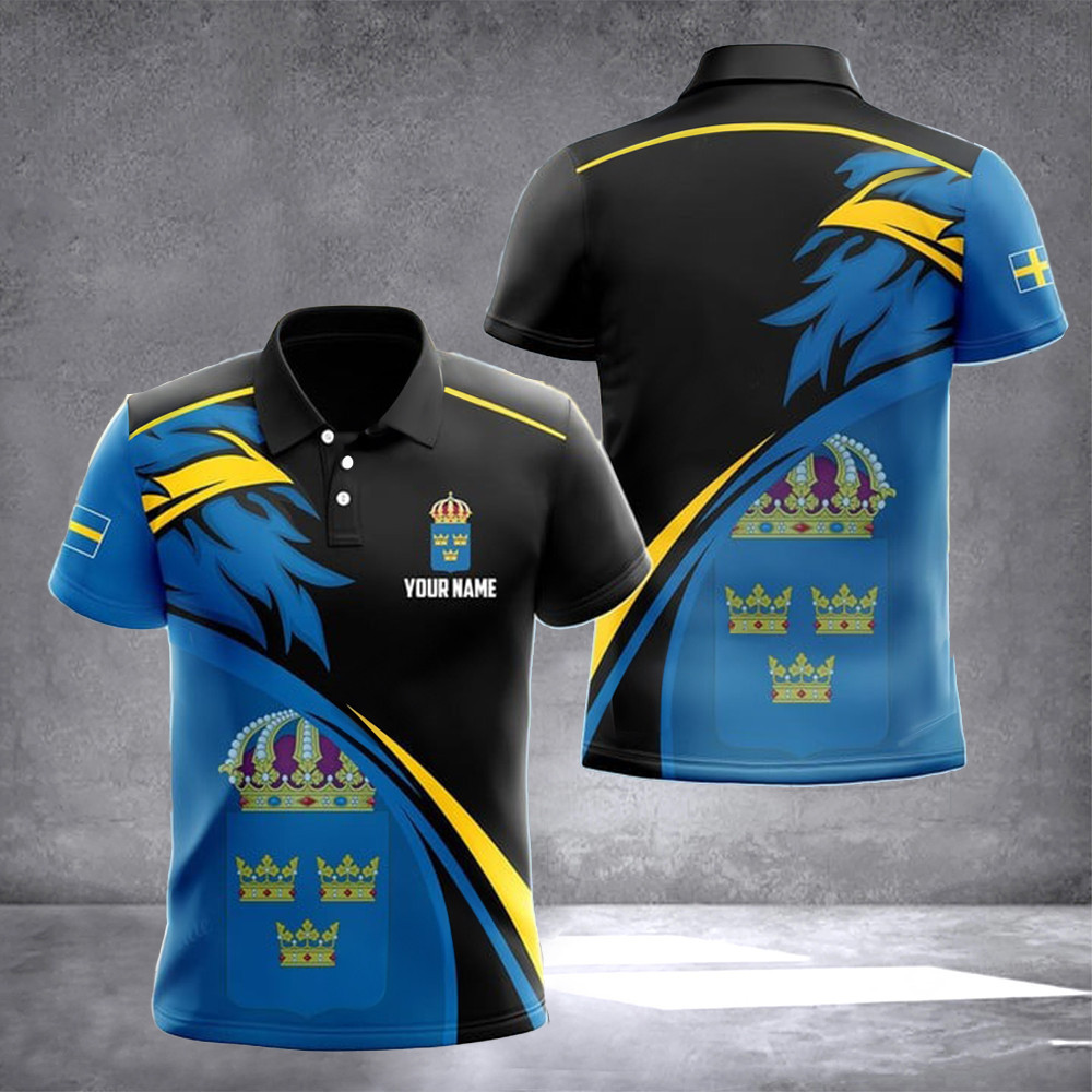 Custom Sweden Coat Of Arms Polo Shirt Sweden Flag Swedish Heraldry Crest Emblem Merch