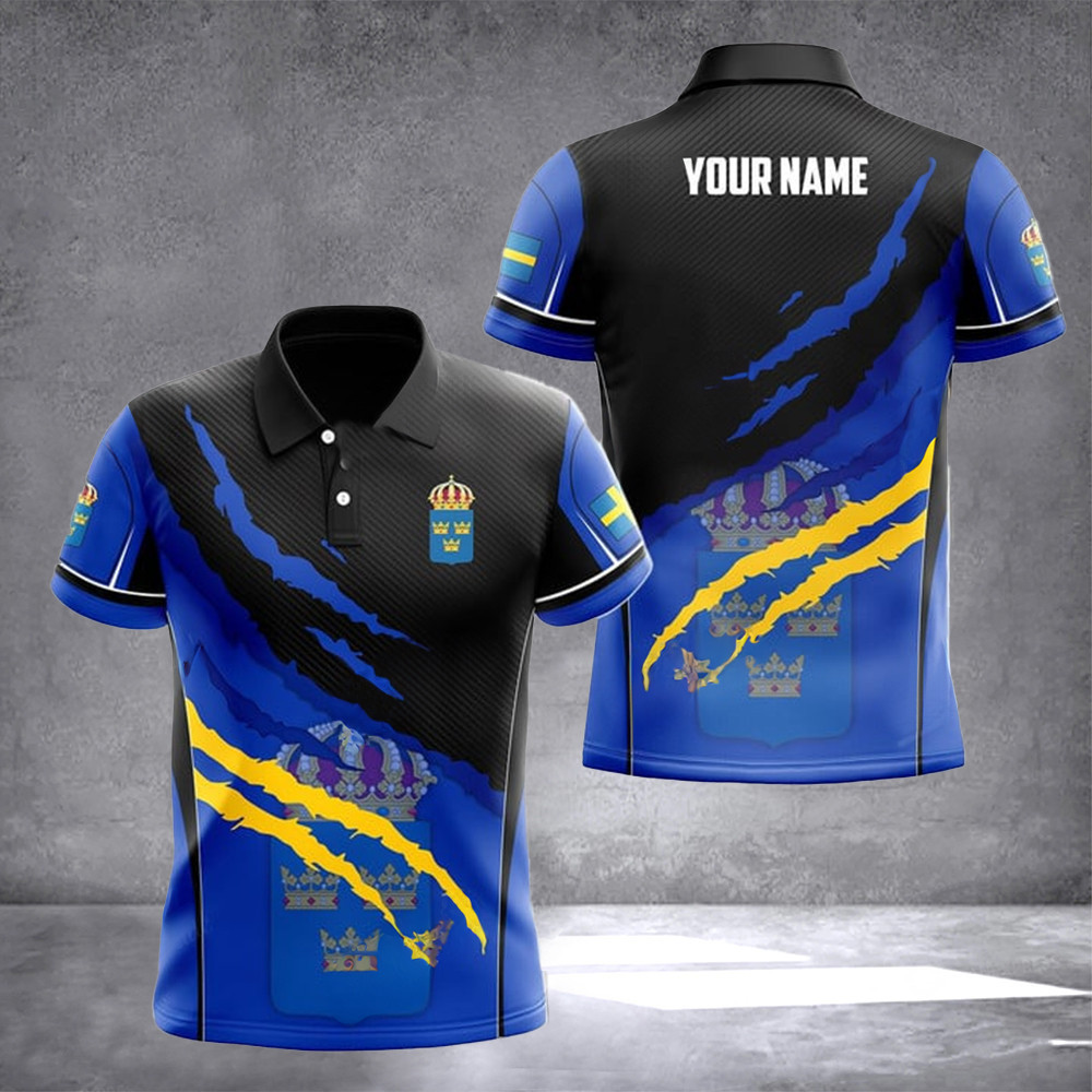 Custom Sweden Coat Of Arms Polo Shirt Sweden Flag Swedish Heraldry Crest Symbol Apparel