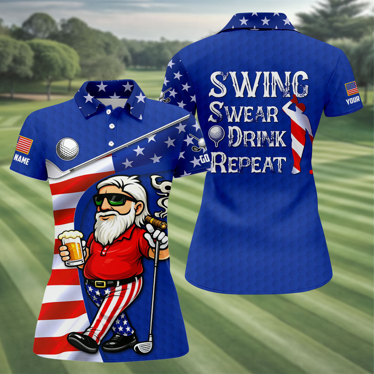Custom Swing Swear Drink Repeat Golf And Beer 4th Of July Polo Shirt Cool Golf Merch Present For Her