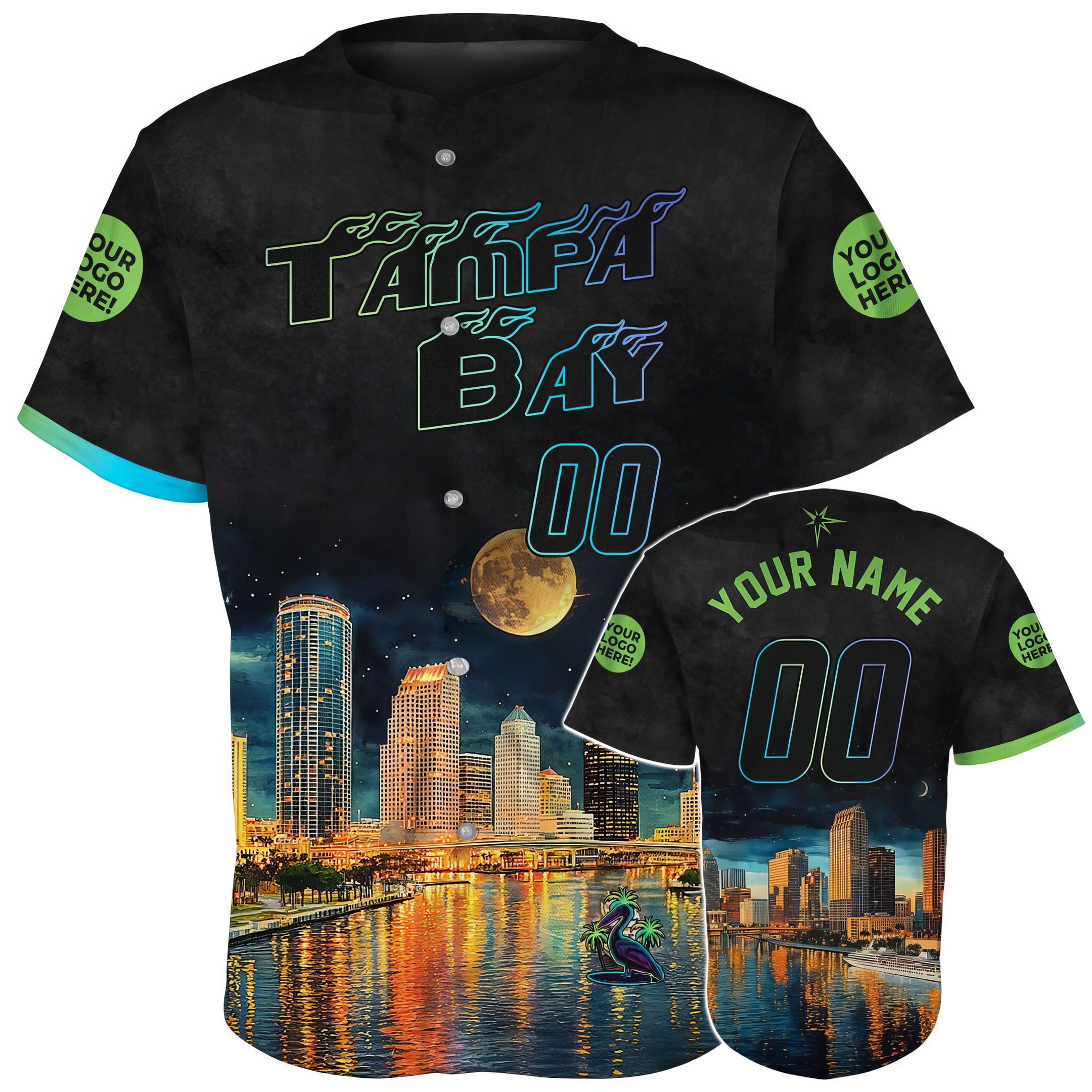 Custom Tampa Bay Skyline And Riverwalk at Night Baseball Jersey Gift For Boyfriend