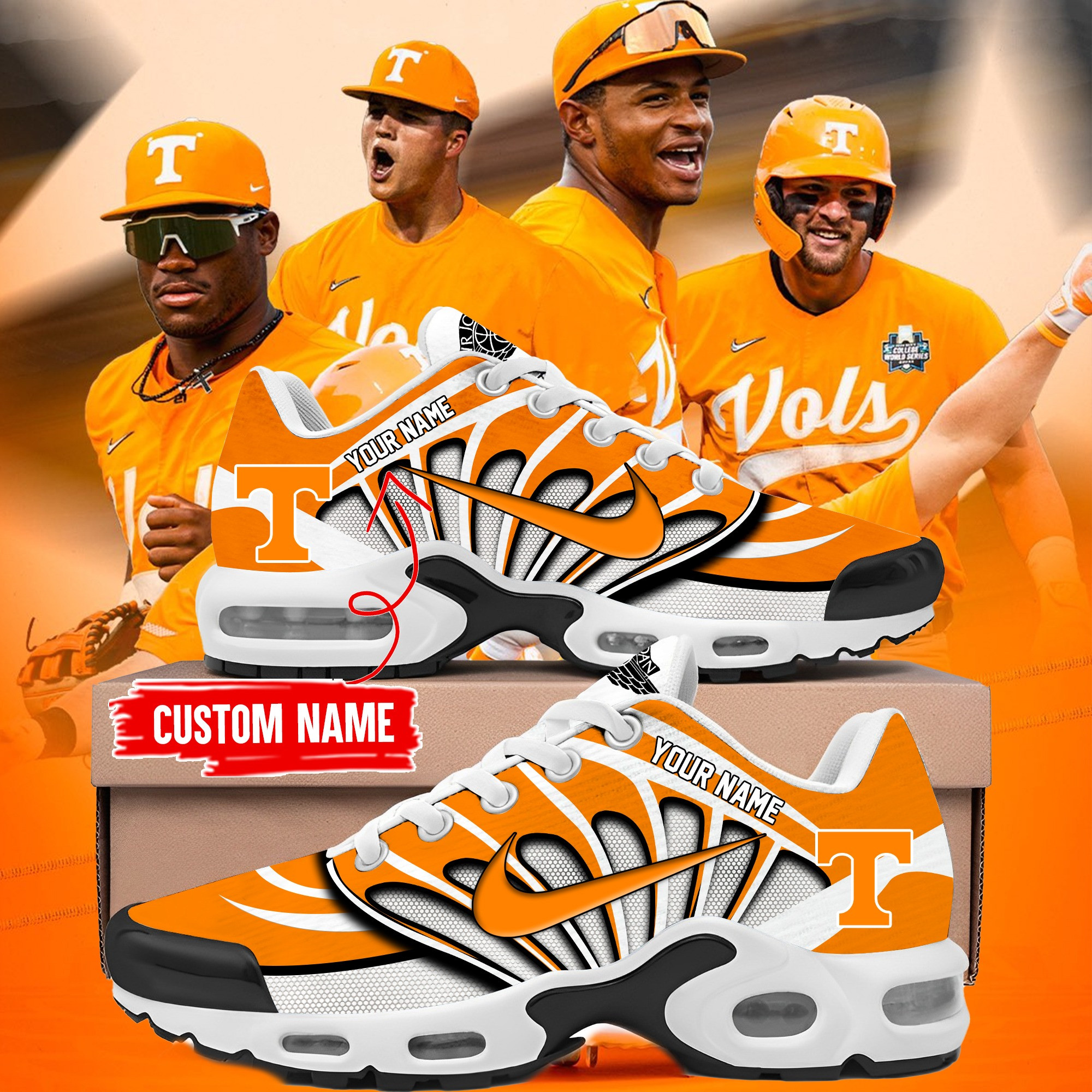 Custom Tennessee Volunteers Baseball Air Max Plus Sneakers Merch Sport Shoes Fan Gifts