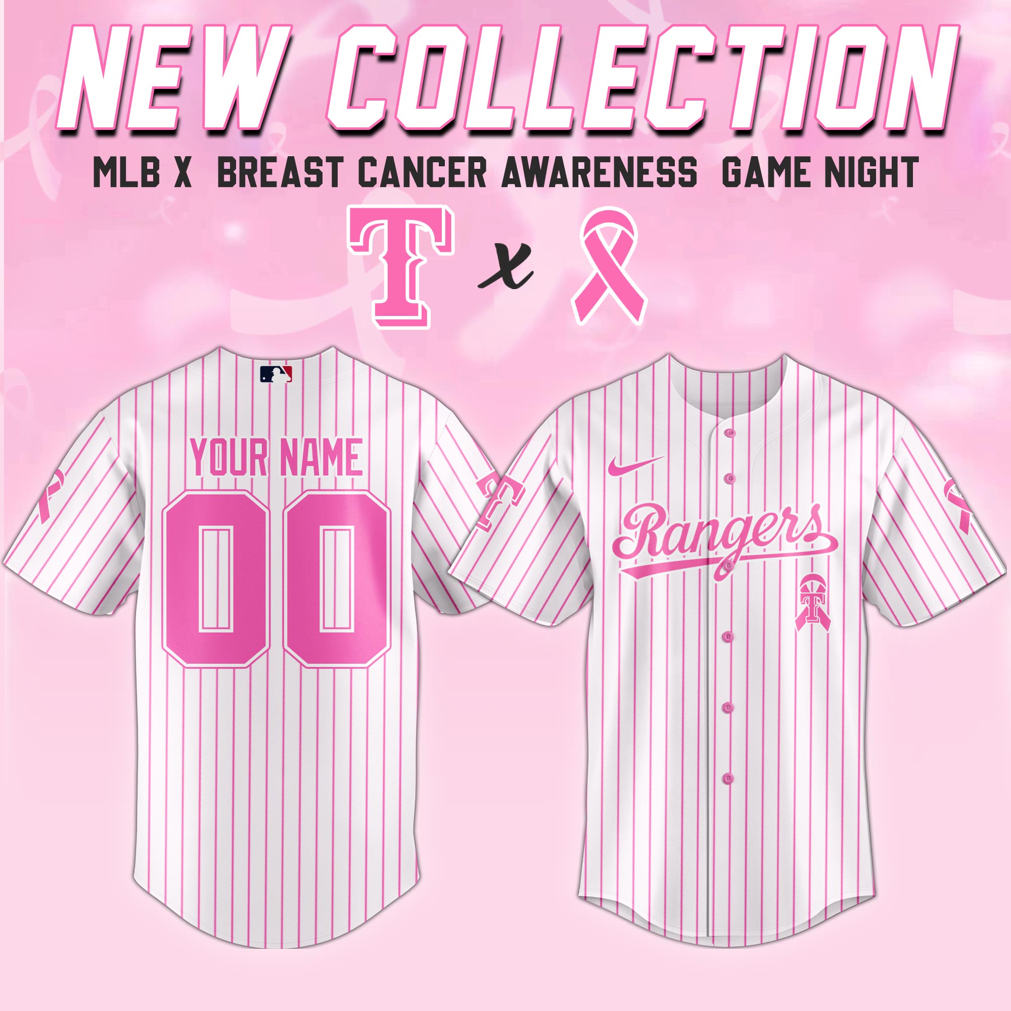 Custom Texas Rangers x Breast Cancer Awareness Game Night Jersey Present For Baseball Player
