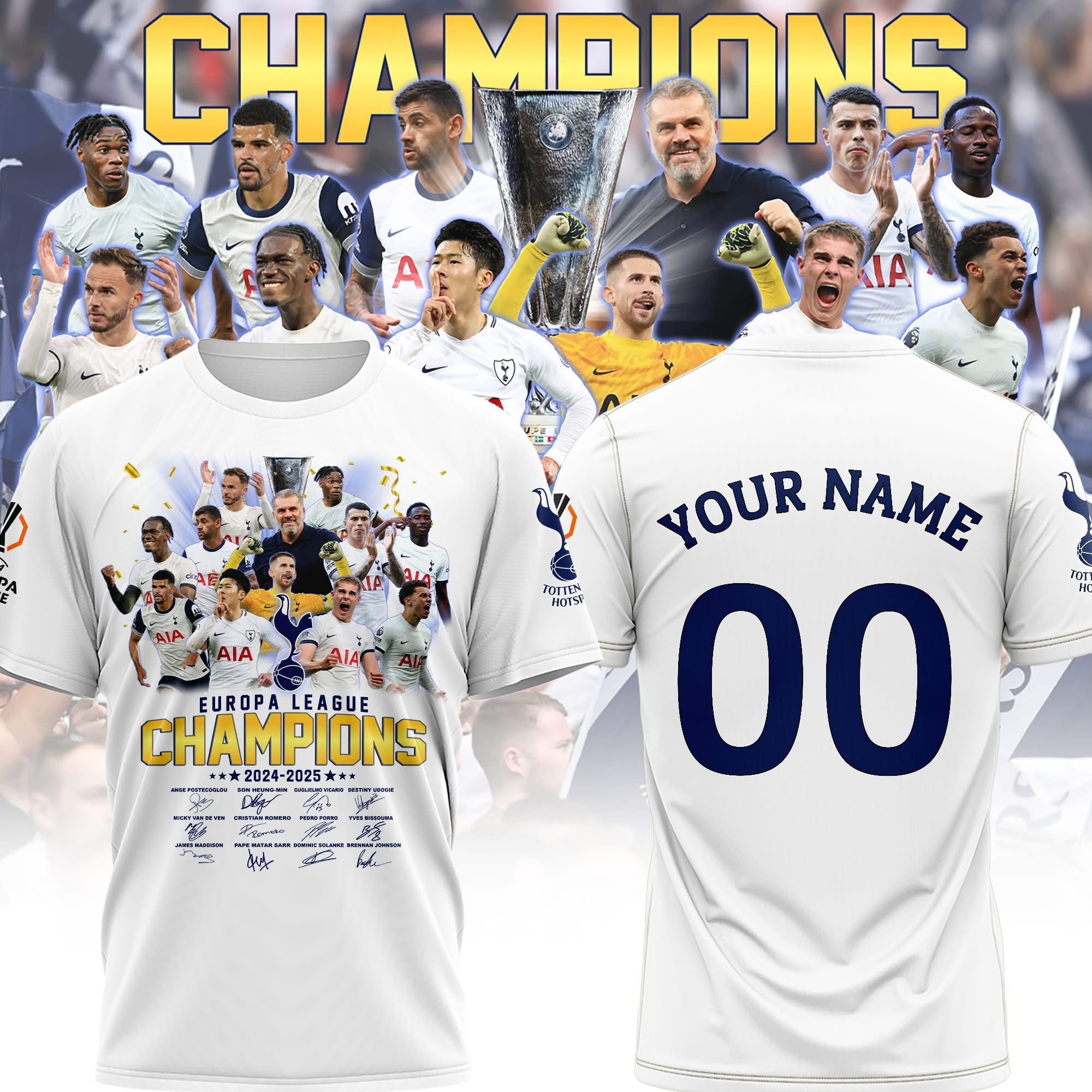 Custom Tottenham Hotspur UEFA Europa League Champions T-Shirt 2025 Fan Merch Clothing