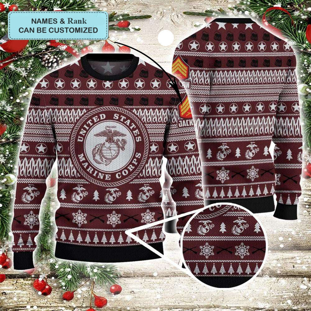 Custom U.S Marine Corps Ugly Christmas Sweater USMC Gifts For Marine Veterans Xmas Ideas