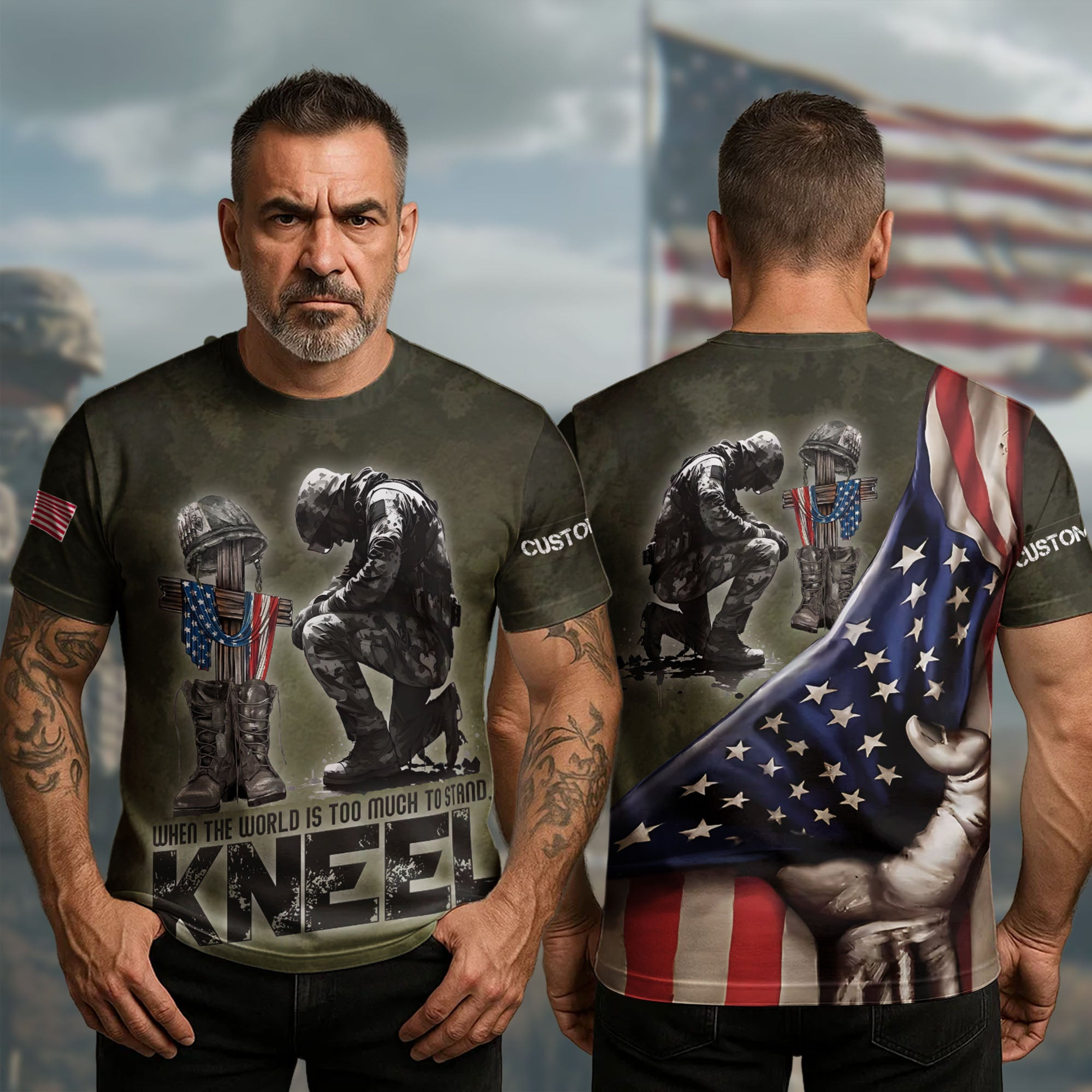 Custom U.S Veteran T-Shirt Veteran When The World Is Too Much To Stand Kneel Proud Veteran Apparel