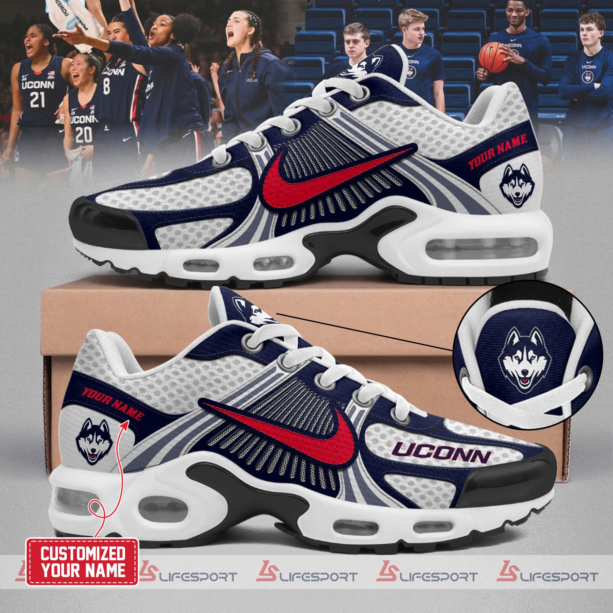 Custom Uconn Huskies Air Max Plus Sneakers Merch Sport Shoes Gifts For Basketball Fans