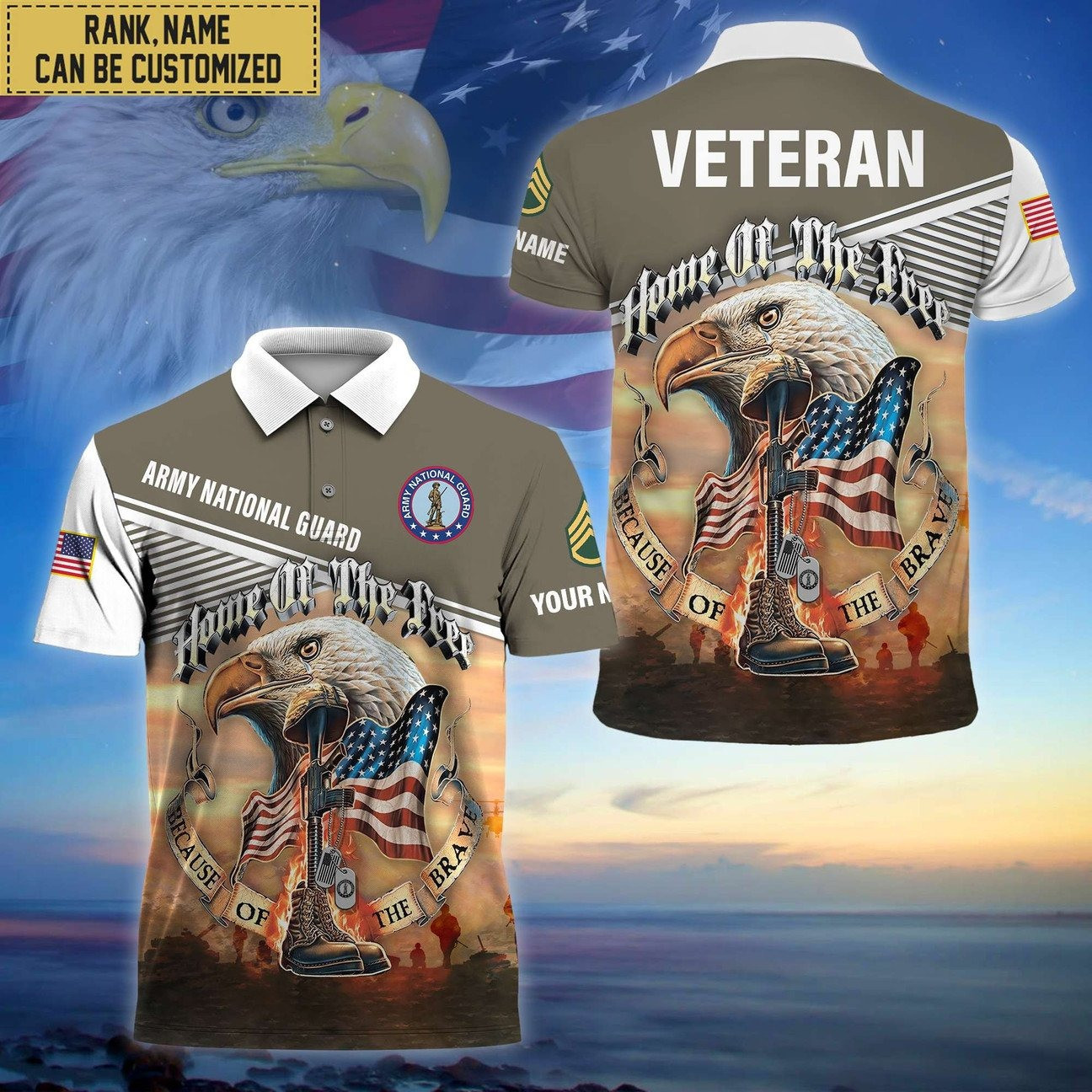 Custom US Army National Guard Veteran Home Of The Free Polo Shirt Gifts For Veterans