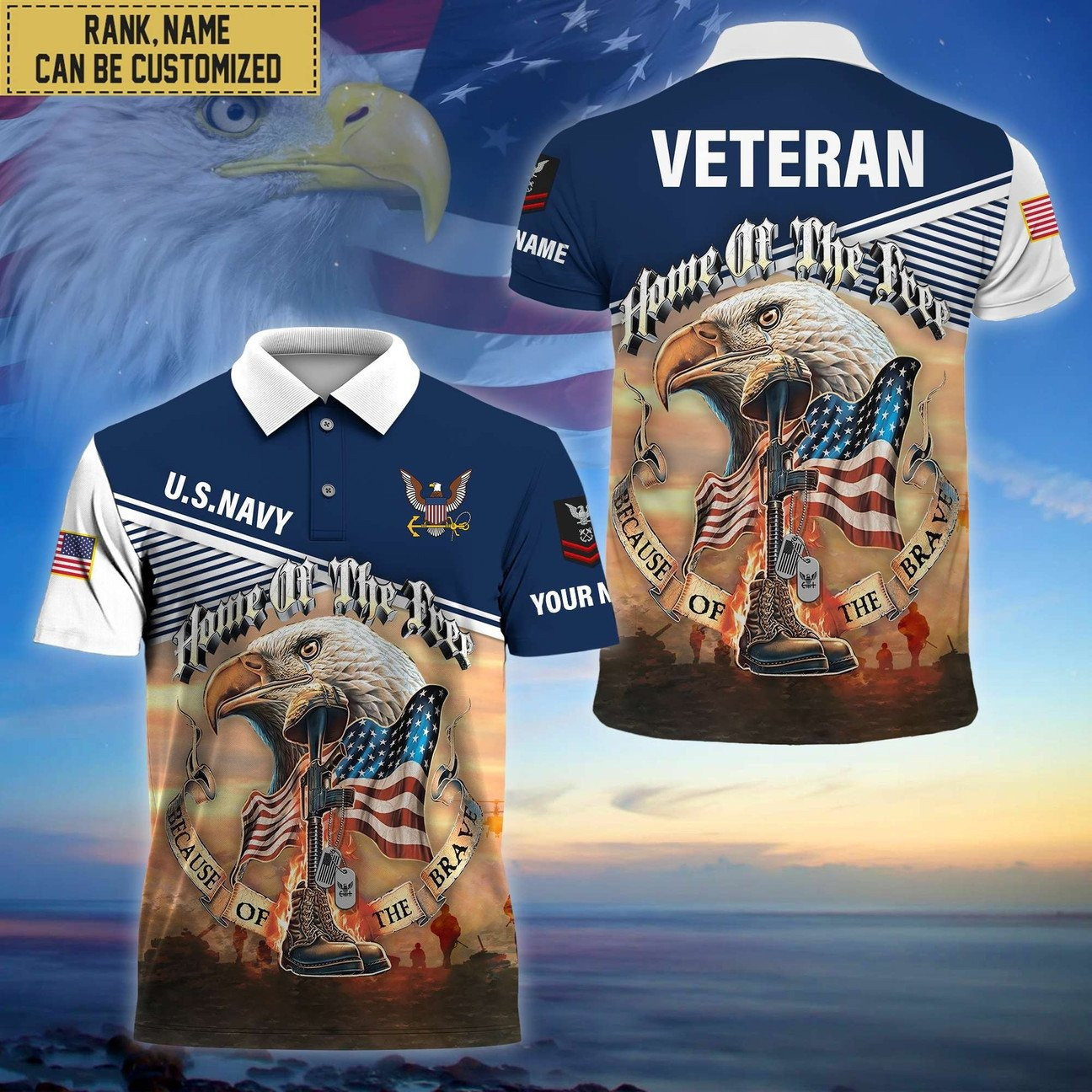 Custom US Navy Veteran Home Of The Free Polo Shirt Gifts For Navy Veterans