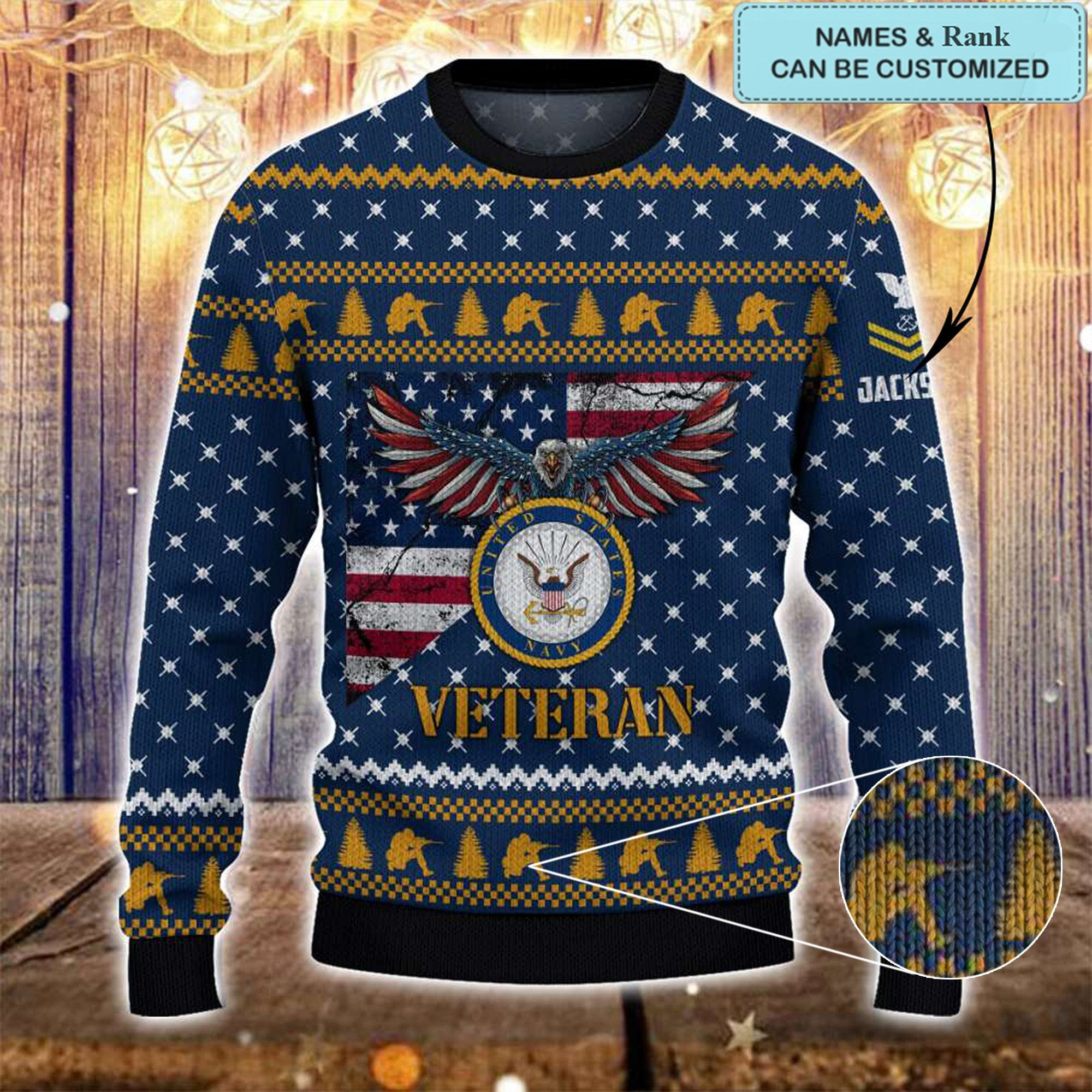 Custom US Navy Veteran Ugly Christmas Sweater Eagle USA Flag Patriotic USN Veteran Sweater