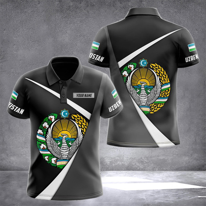 Custom Uzbekistan Coat Of Arms Black Form Polo Shirt Uzbek Men's Clothing Gift Ideas