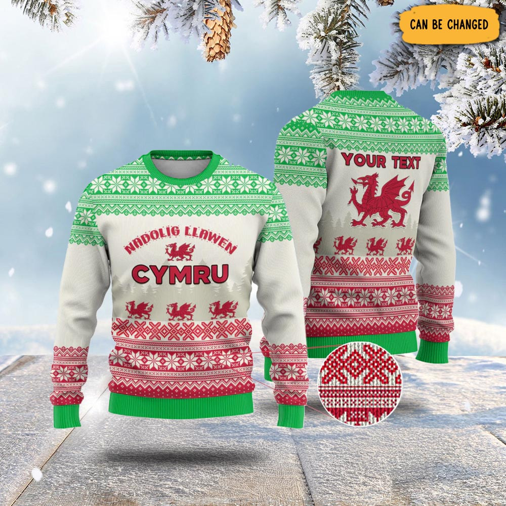 Custom Wales Christmas Ugly Christmas Sweater Nadolig Llawen Welsh Dragon