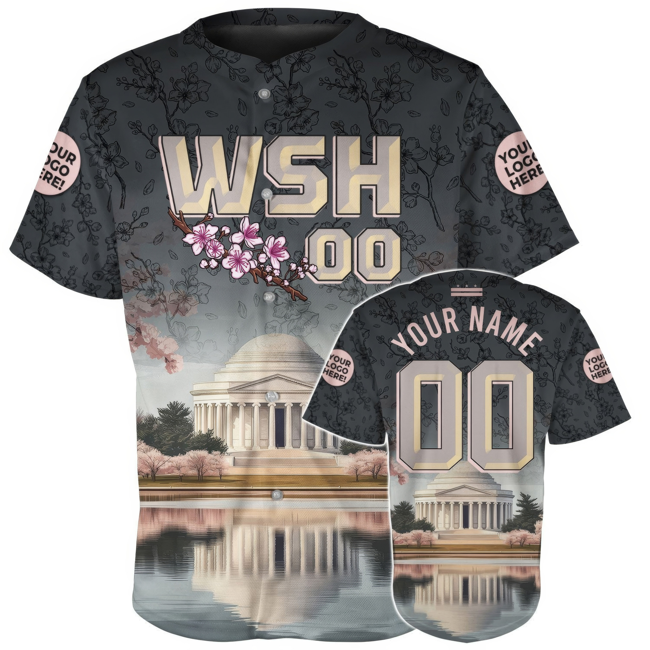 Custom Washington Jefferson Memorial Cherry Blossoms Baseball Jersey Gift For Men