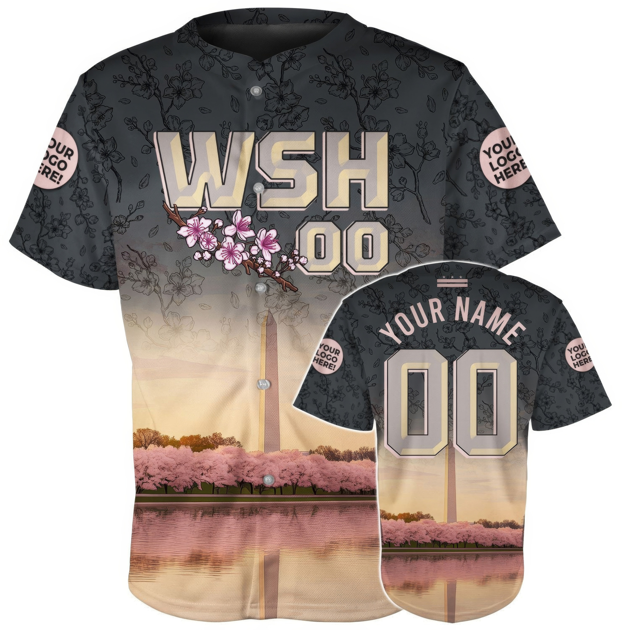 Custom Washington Monument Cherry Blossoms Baseball Jersey Gifts For Husband