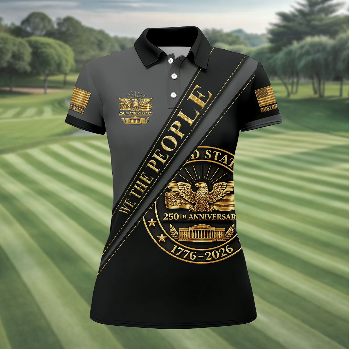 Custom We The People 250th Anniversary Polo Shirt Patriotic USA Black And Gold Merch Gift Ideas