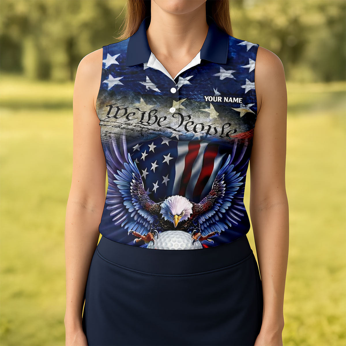 Custom We The People Eagle Sleeveless Polo Shirt Golf Apparel Best Golf Gifts