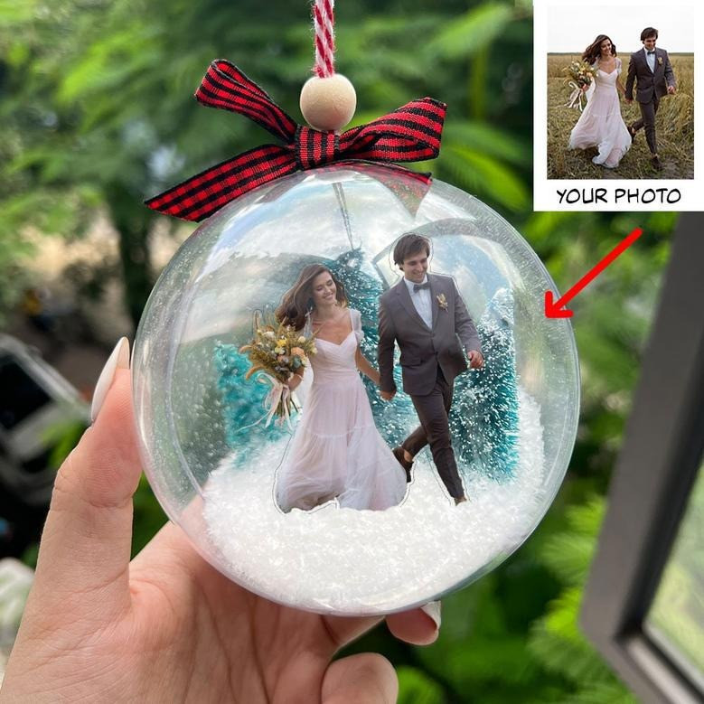Custom Wedding Couple Photo Snowball Christmas Ornament Holiday Decor Gifts For Couples
