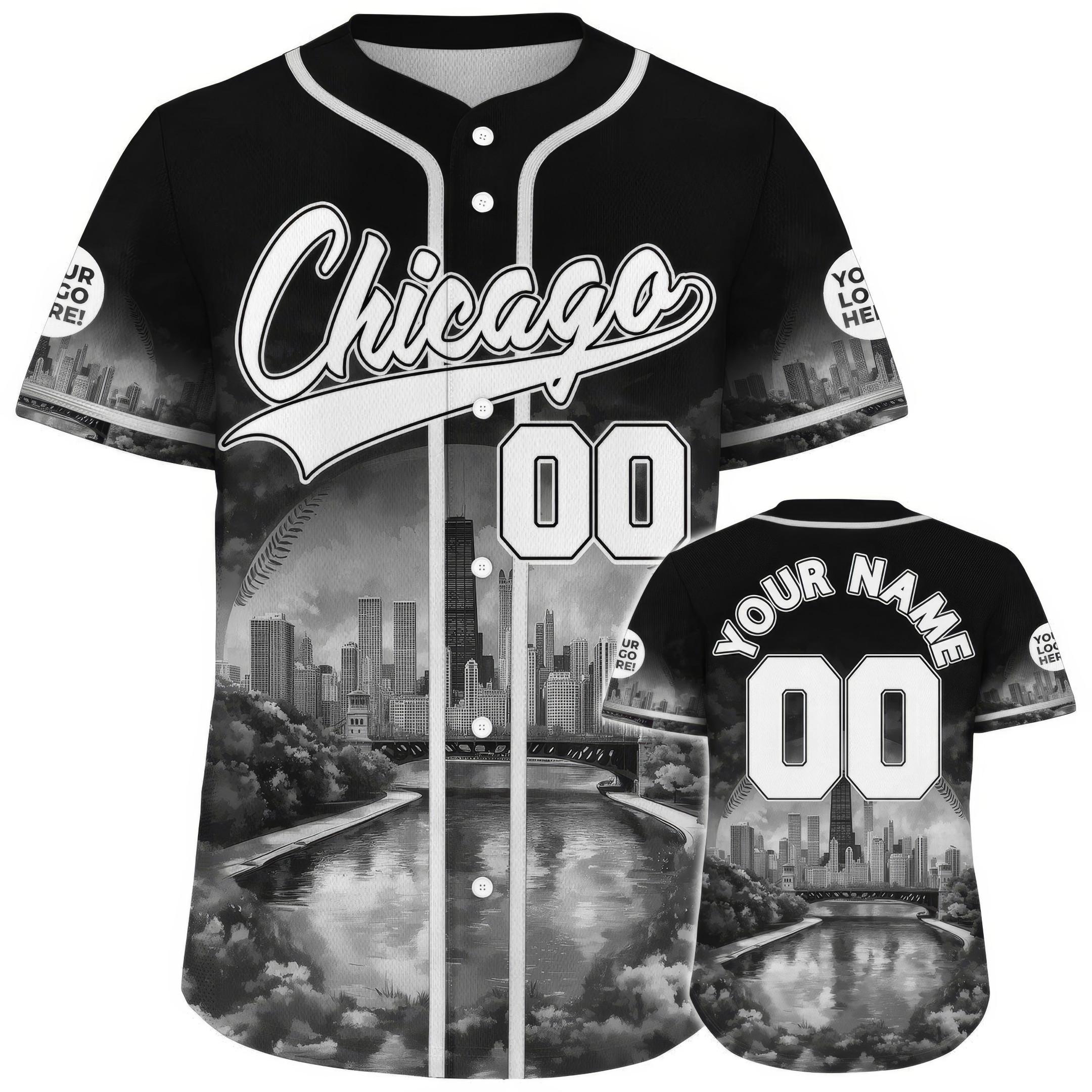 Custom White Black Chicago Illinois John Hancock Center Chicago River View Baseball Jersey