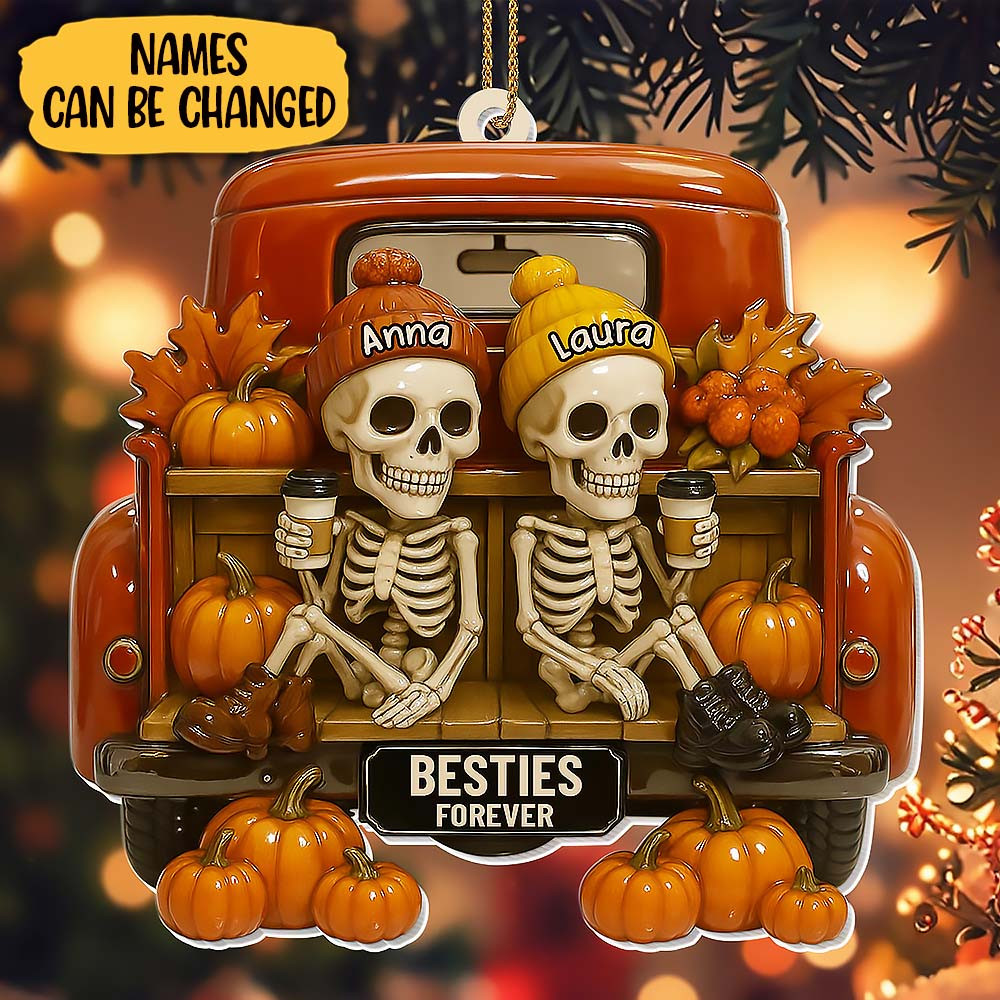 Customize Besties Forever With Skeletons And Pumpkins Ornament Halloween Gift For Lovers and Besties