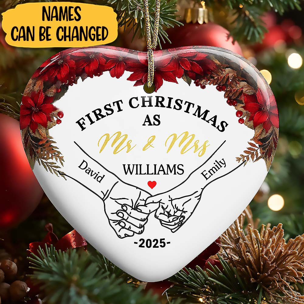Customize First Christmas As Mr & Mrs With Heart And Poinsettia Ornament Gift For Husband and Wife and Lovers